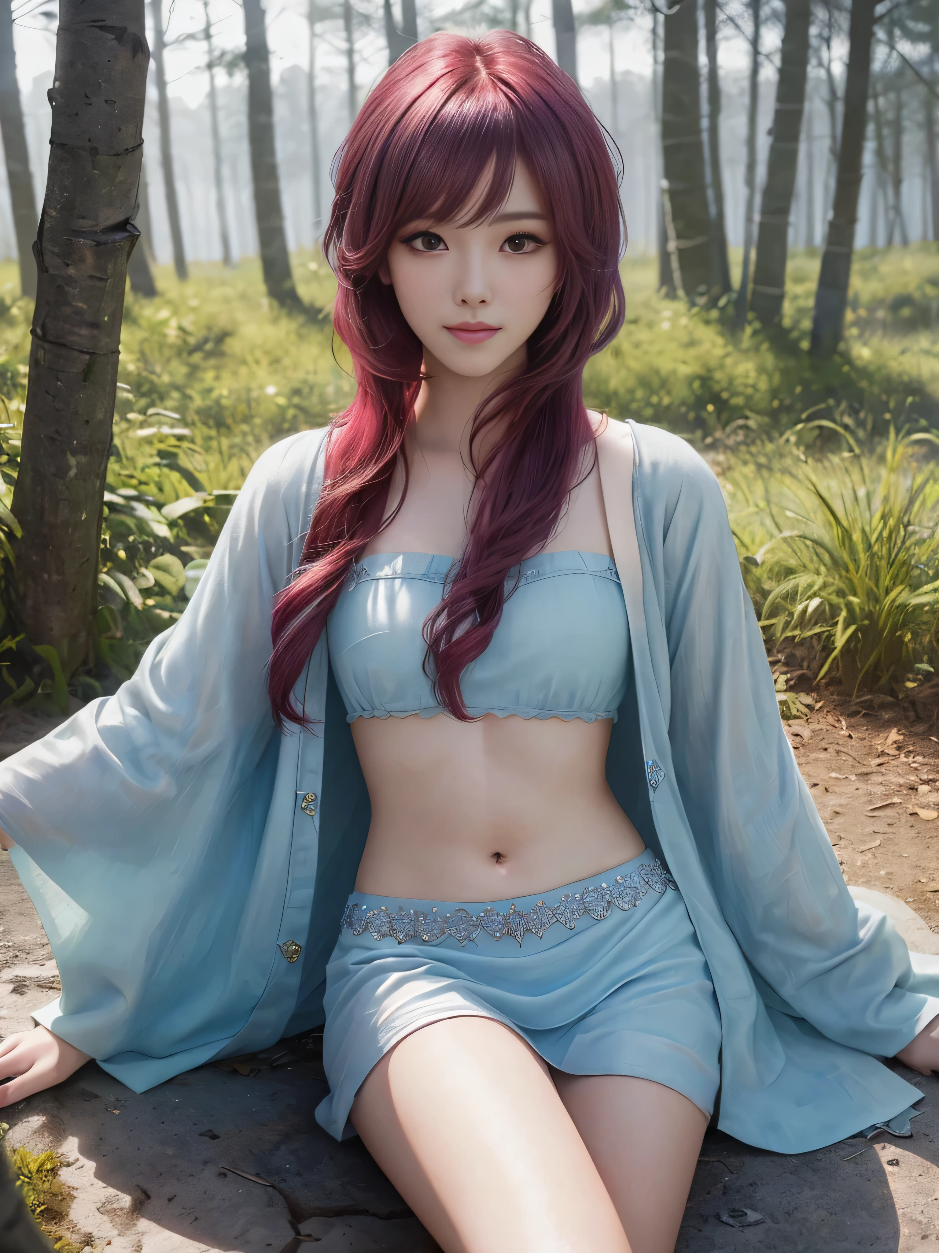 (VI-000020:1.2), (ultra photoRealistic:1.3), (masutepiece:1.4), Best Quality, ((Realistic)), High quality, ultra-detailliert, ((Realistic anime face)), ((Realistic skin)), ((Realistic body)),NSFW,Navel,Naked, ((Sexy Pose)) (Best Quality:1.1), (Illustration:1.05), (1girl in:1.05), (Cute:1.05), ssmile、(Beautiful detailed eyes:1.05), (Cinematic Light:1.1), Light Blue Highlights, full body Esbian,Maroon hair, 1girl in, Cute tyrant portrait, Bright eyes,  temple, Watch Warcraft scenery in the viewer's forest