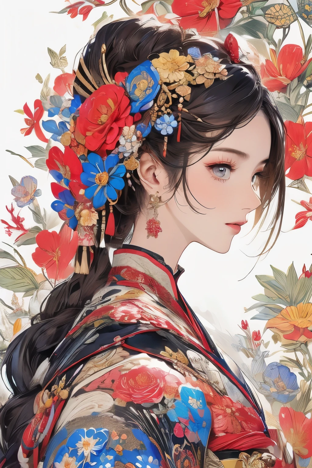 (masterpiece、top-quality、top-quality、Official art、Beautifully Aesthetic:1.5)、Painterly、sketch、Texture、超A high resolution、独奏、Beautuful Women、A highly detailed、(Fractal Art:1.1)、(colourfull:1.1)(florals:1.6)、The most detailed、(Zentangle:1.2)、(Dynamic Poses)、(Abstract background:1.3)、(shinny skin)、(Many colors:0.8)、(耳环:1.4)、(pluma:0.9)、Taisho romance