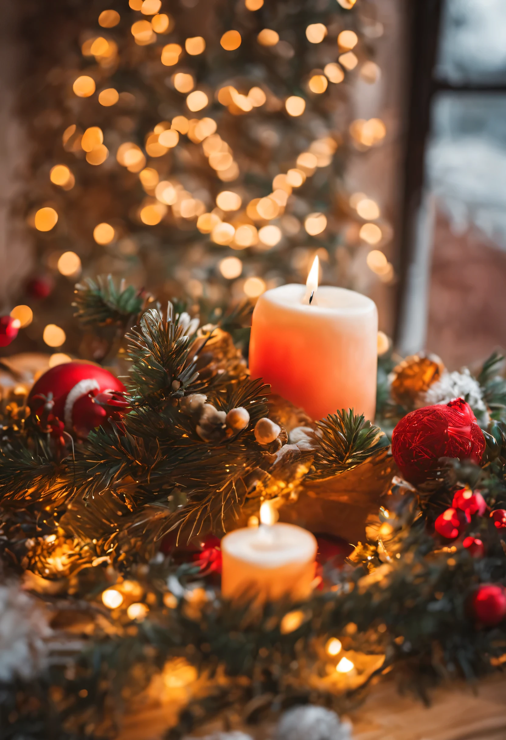 New Year'a photo of a, bright colours, garland, snowing, fir branches and various New Year'Attributes, warm holiday mood