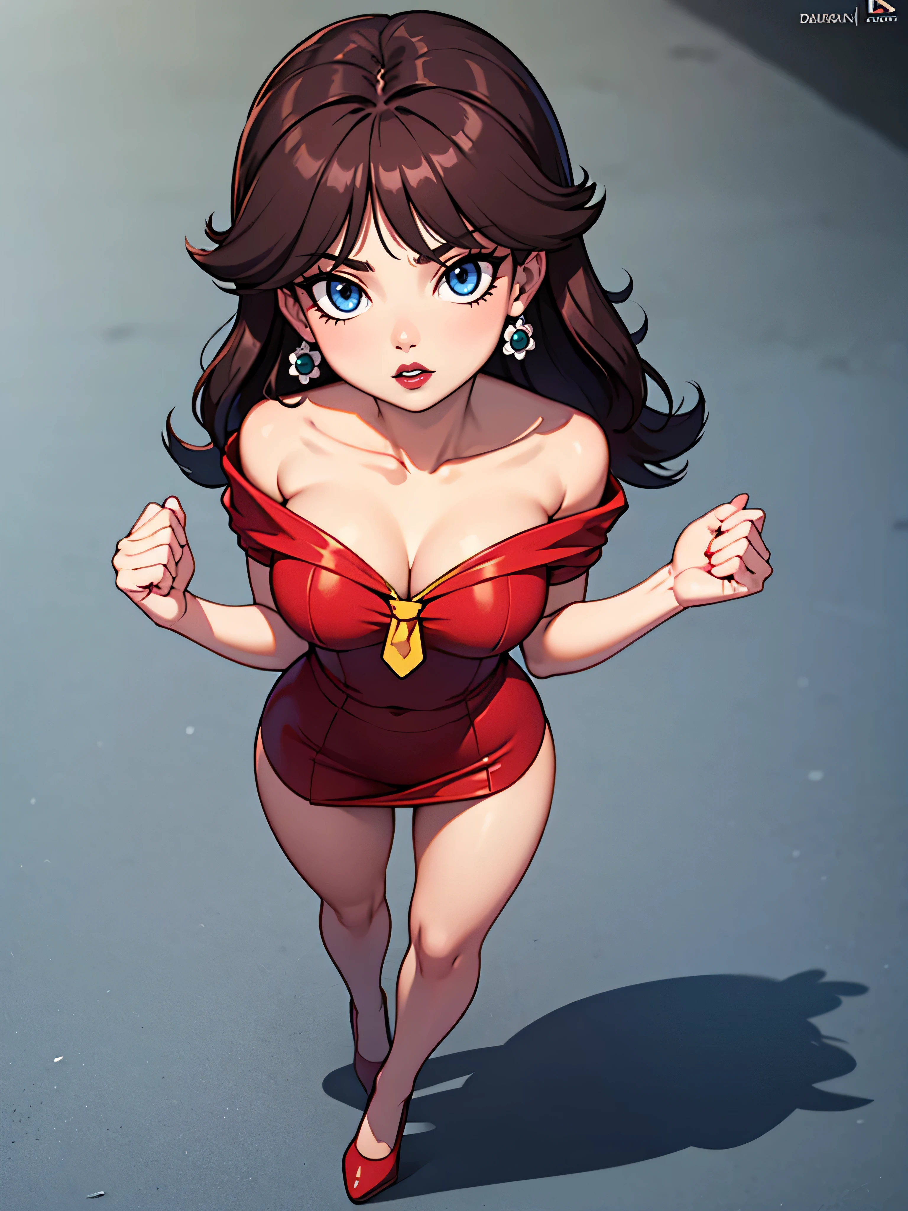 ((high detailed, best quality, 4k, masterpiece, hd:1.3)), (((8k))), cowboy shot, hotel room, bonfire, Princess Daisy, neon blue eyes, seductive, attractive, smooth anime cg art, 36C breasts, cleavage, vivid colors, detailed digital art, slim body, perfect skin, dark red hair, long hair, dark hair, red hair, looking at viewer, BREAK looking at viewer, extremely detailed face, red necktie, red skirt suit, red suit, red jacket, black shirt, red pencil skirt, red panty hose, full body, (red high heels), (high heels), earrings, gem, dark black makeup lips, dark gothic eyeshadows, dark eyeshadows, black eyeshadows, black sexy lips, black lips, (dark:1.2), dark lips, very dark lips, (perfect hands, perfect anatomy), black makeup, detailed fingers, five fingers per hand, 5 fingers, (1 girl), detailed lips, detailed black lips, black painted lips, gothic painted lips, (breast focus), (from above:1.1), (breasts out:1.3), (off shoulder:1.1),