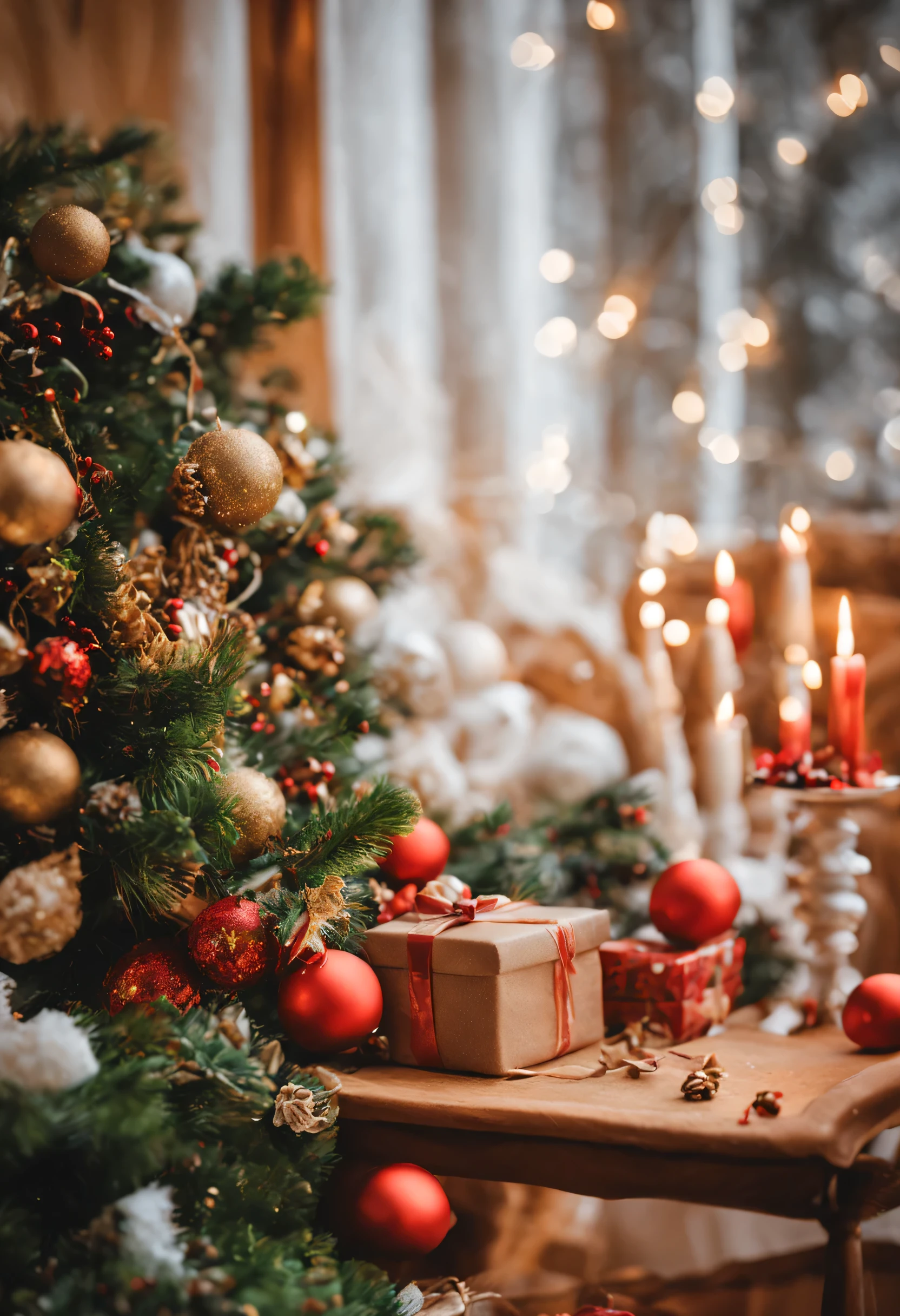New Year'a photo of a, bright colours, garland, snowing, fir branches and various New Year'Attributes, warm holiday mood
