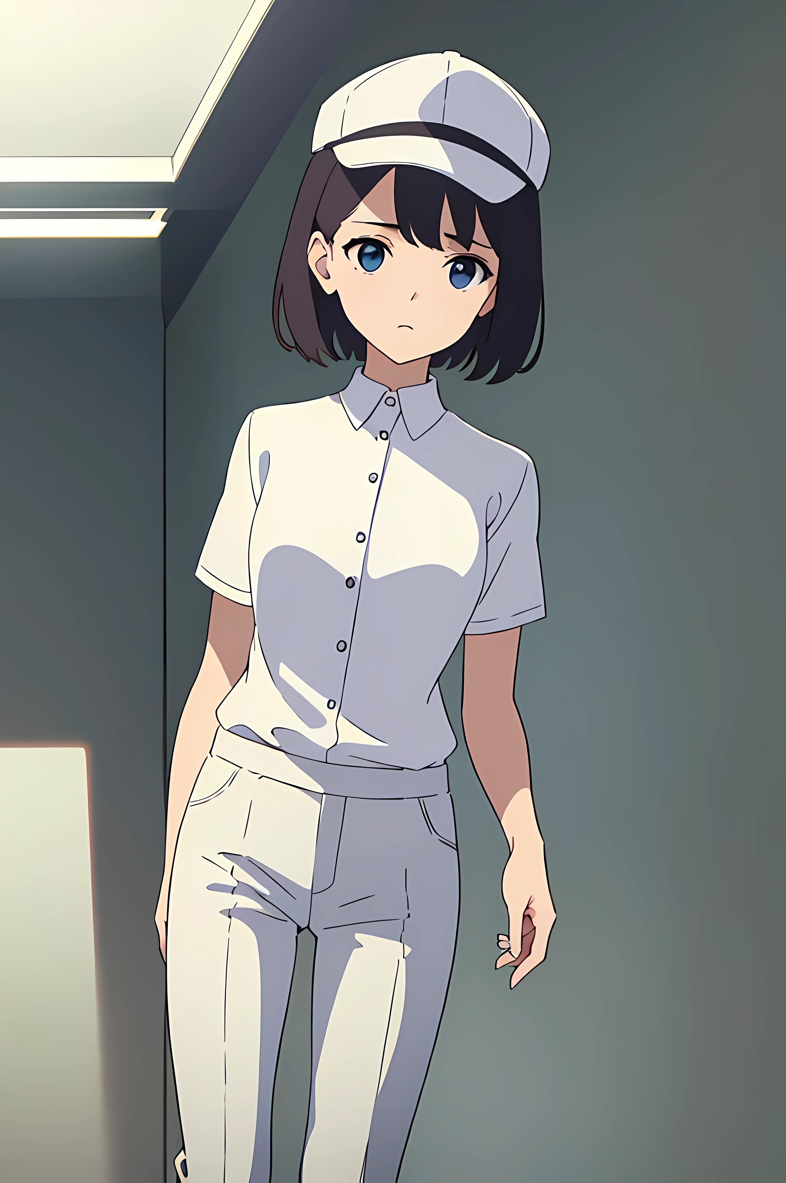 ((best quality)), (masterpiece), woman, matured woman, solo, small breast, white clothing, employe, (white panel cap:1.2), tight white shirt with single buttons, tucked in, short sleeves, (long pants:1.2), face, facing front, looking at the camera, minimalistic, anime art, fan art, high resolution, 4k, less detailed
