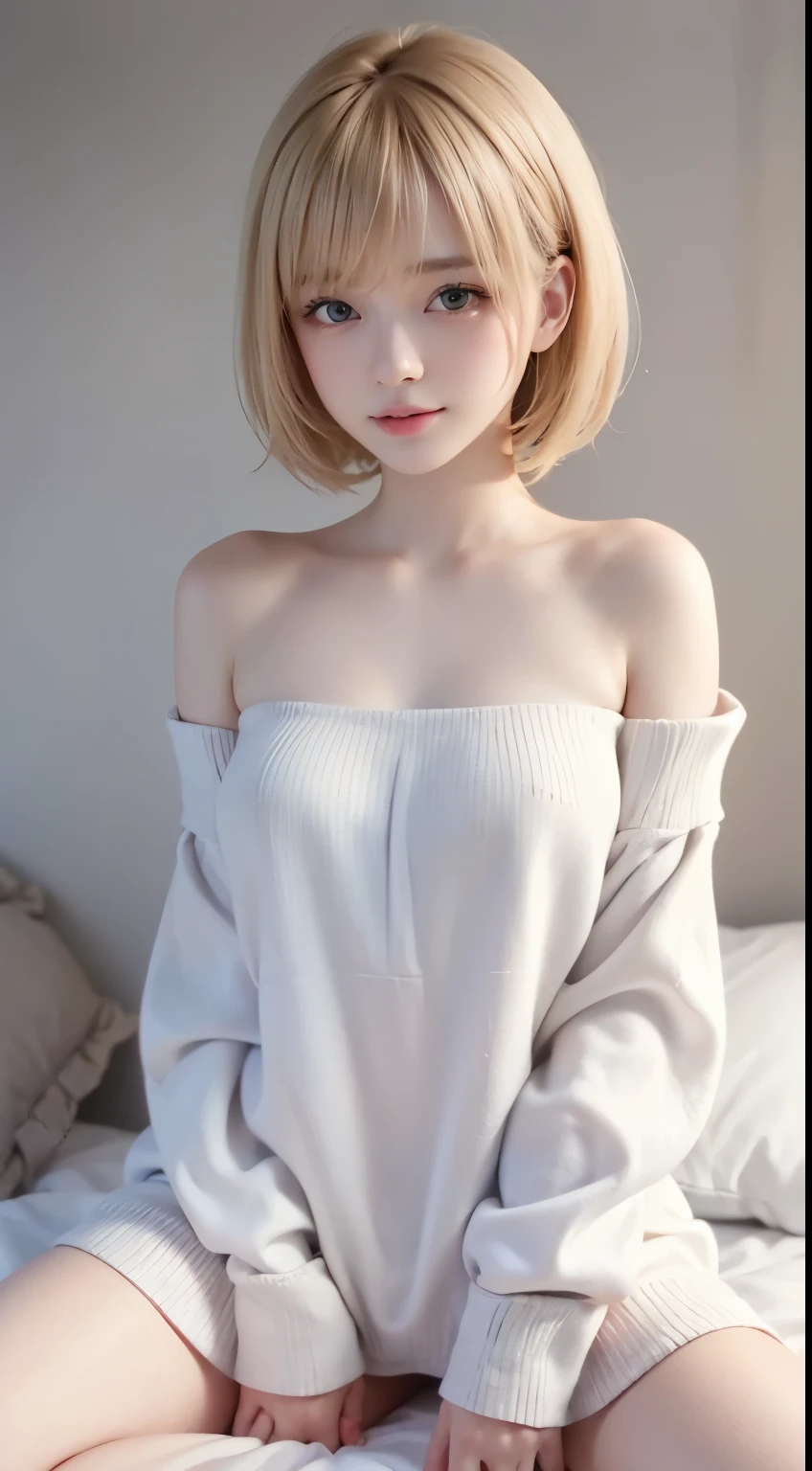 Blonde hair, Very short hair, blunt bangs, ((Child face)), (virgin face, Masterpiece, High resolution, 8k, 1 girl, ultra Detailed, Fine skin, white skin, Brighten the subject, cinematic lights, beautiful face, Detailed eyes, lip gloss), (((Detailed anatomy:1.5))), (slender body), (((Flat chested))), photography, (focus upper body), Sweet smile, looking at viewer with Happy face, Wearing a white knit long sleeve, Wearing a white knit long sleeve, Bare neck, Bare shoulder and neck, No underwear inside of clothes, seduction, sitting on bed, Spread up her legs wide, Spread up her legs wide, Spread up her legs wide, Bare pussy, Bare pussy, Bare pussy,