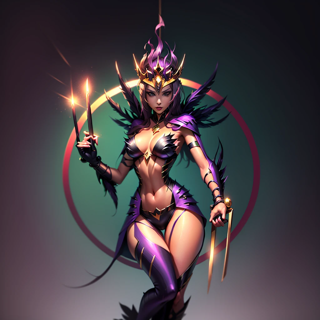 Beautiful mature women, witch, purple clothes, metallic feather design, red highlights, claws in both hands, beautiful,gothic, sharp features, sexy,hazel eyes, long purple-black hair, black skull like crown, beautiful, mature beauty, cold beauty