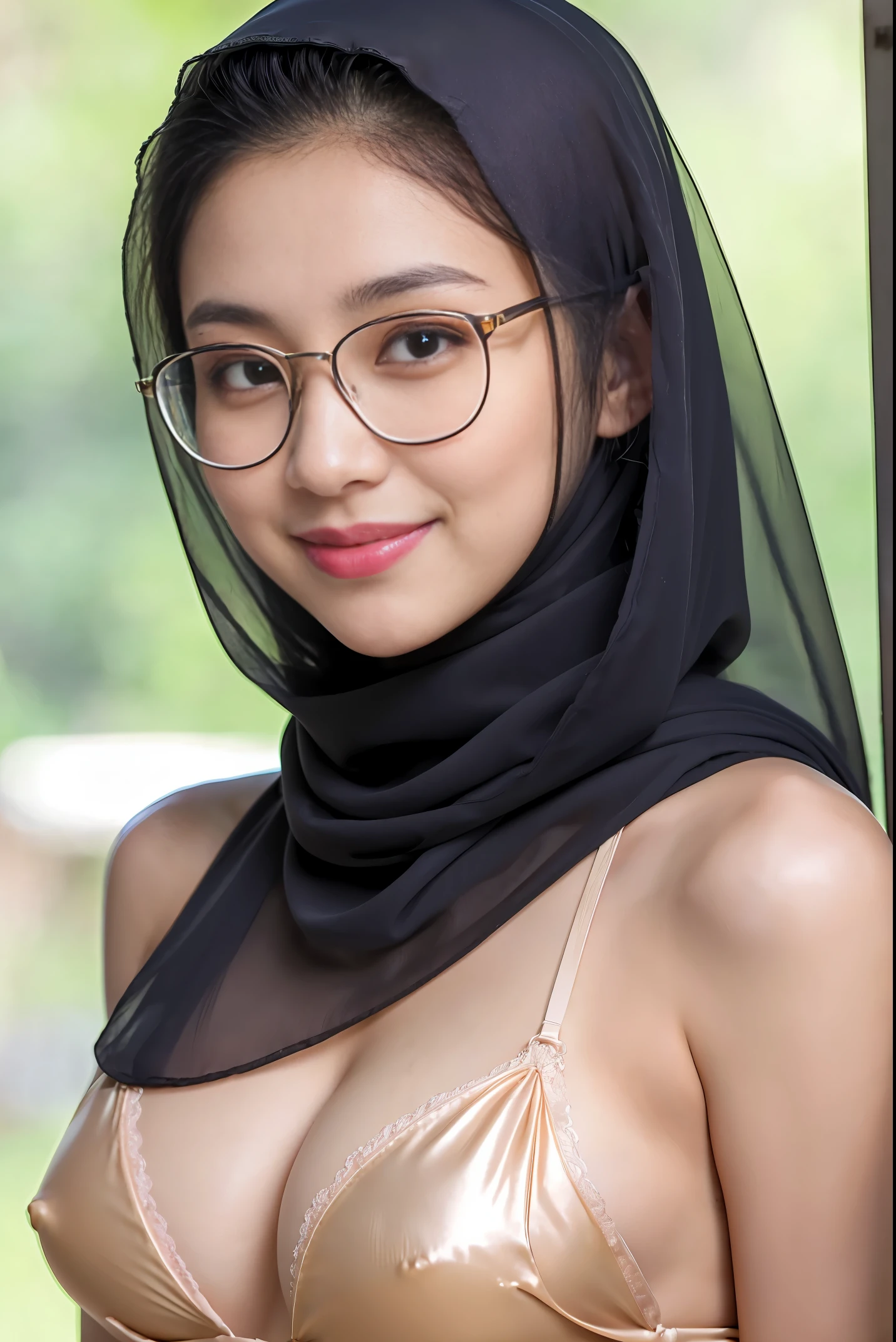 (iu:0.8),((small breast)), RAW, Best quality, high resolution, Masterpiece: 1.3, Beautiful glasses javanese woman in translucent hijab, Masterpiece, Perfect slim body, Beautiful big eyes, Soft smile, Wearing micro leotard, glistening skin