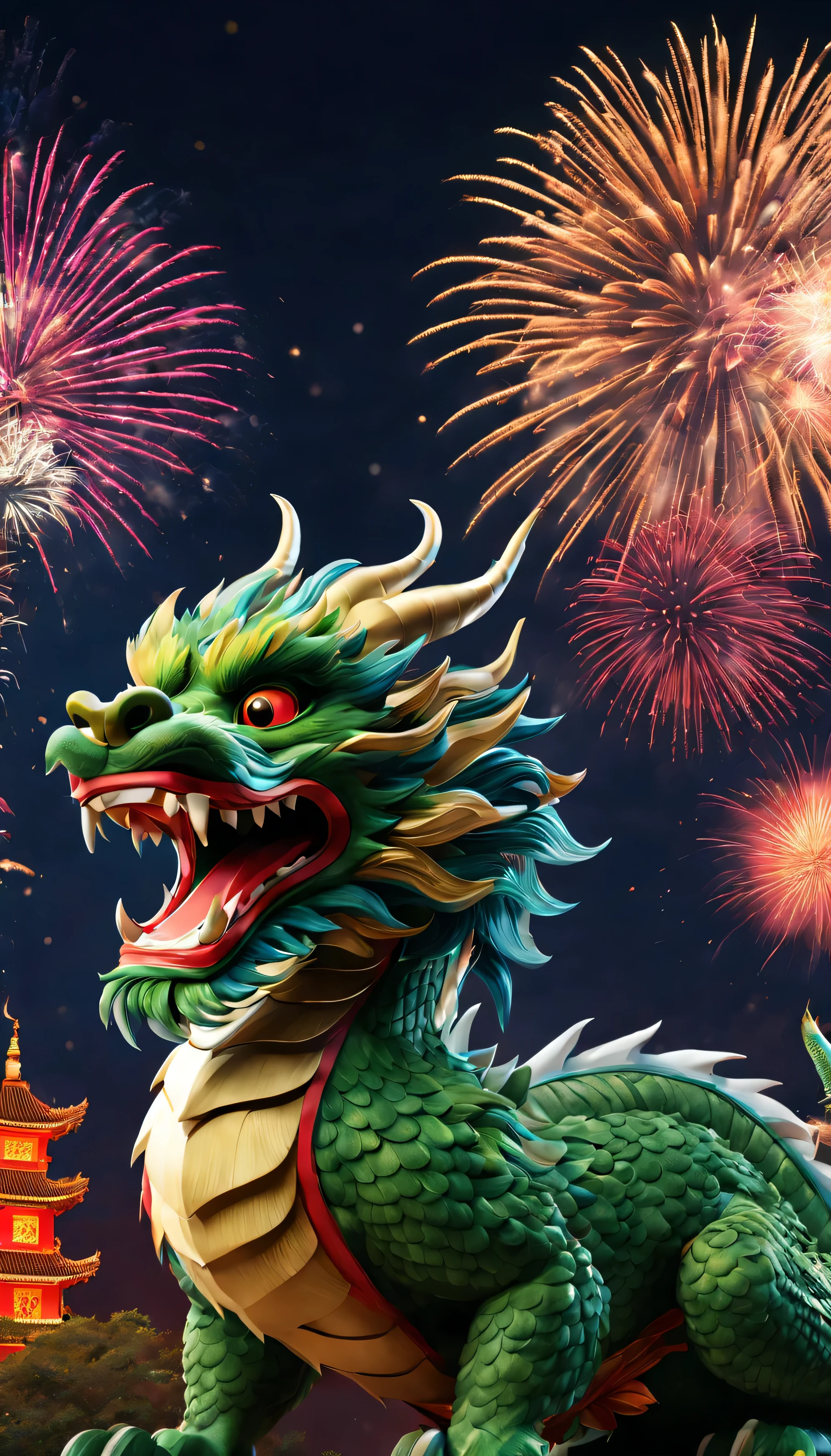 Holiday poster: (2024) new year, com mascot: chinesedragon,Background with: A grand fireworks display lights up the sky,(Best quality,4K,A high resolution,tmasterpiece:1.2),ultra - detailed,(actual,photoactual,photo-actual:1.37)