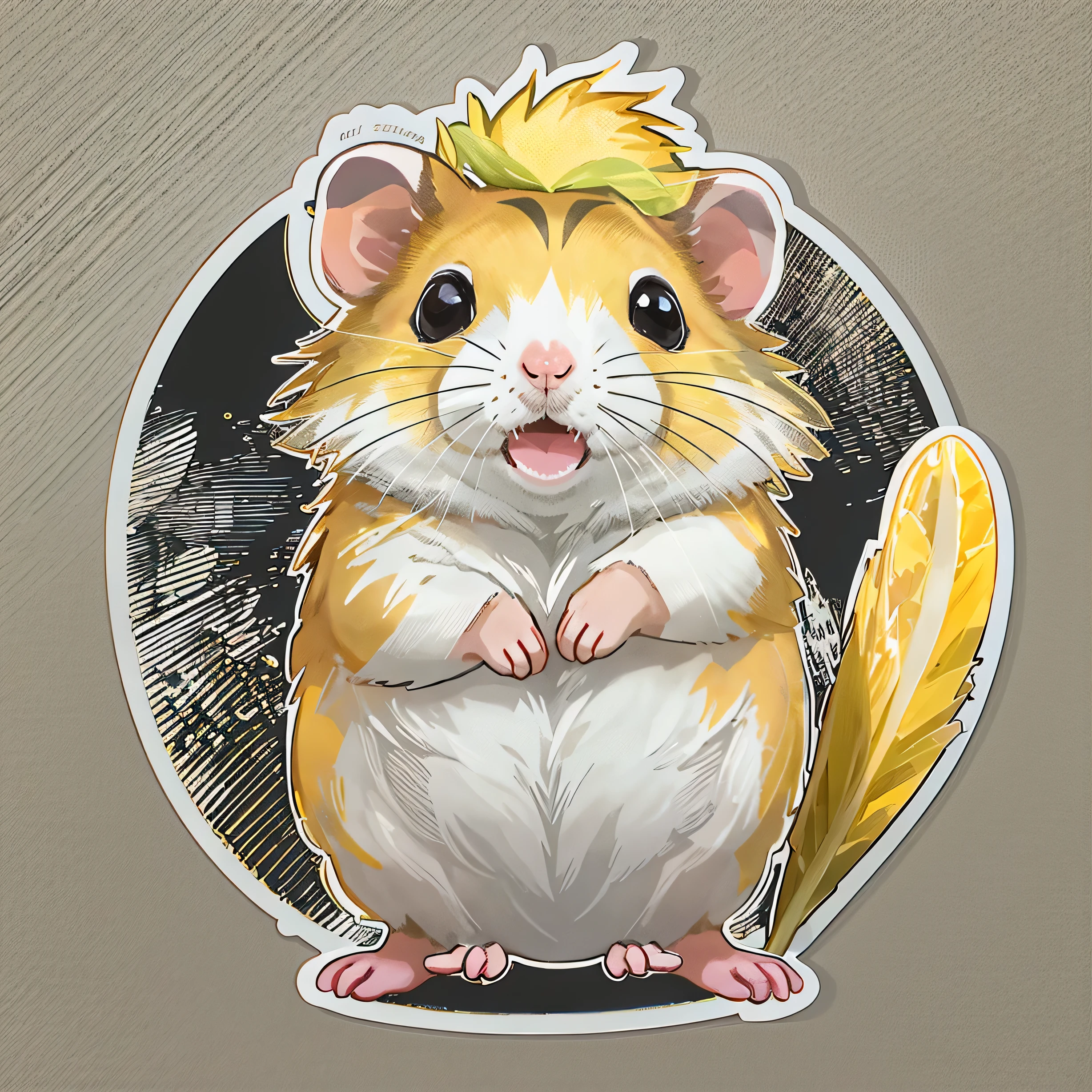 sticker. 2d} cute hamster,My name is Boiled Egg...................,yellow and white feathers, 1 x, 1 position, Maximum resolution HD 16K, White border around the work piece 1:2, black background.