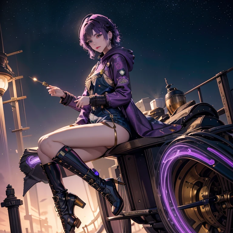 A robotic boy with pale skin as the iris of their eye is purple with gold a little showing on top in the actual pupil is shaped like a star that is gold wearing a light purple lipstick with eyeshadow and little golden stars attached to on to the eyeshadow that looks almost as if it was painted on with light blue pink in the center and and purple hair long hair in a undercut that's flipped to one side their arms kind of looking like they were split at the joints so he could move with fabric hiding the split his nails painted gold with a Aurora Borealis design painted onto the gold a very feminine body shape and a tides full body shoe showing off their body and thighs and a crop top that is pink with a snow pattern and clouds and then a pair of short shorts overalls that are purple with golden patterns of stars on it with light pink clouds and then a jacket with giant fluffy Samurai sleeves that is dark blue on top with the center and going diagonal a design of the Aurora Borealis and then light blue on the bottom with snowflakes sewn on and a gold outline design on it on the outer border of the jacket and on the back there is a rocket ship and a planet designed onto it and a giant Hood with a polar bear design and a pair of lace up thigh high high heel boots with a ruby snake design