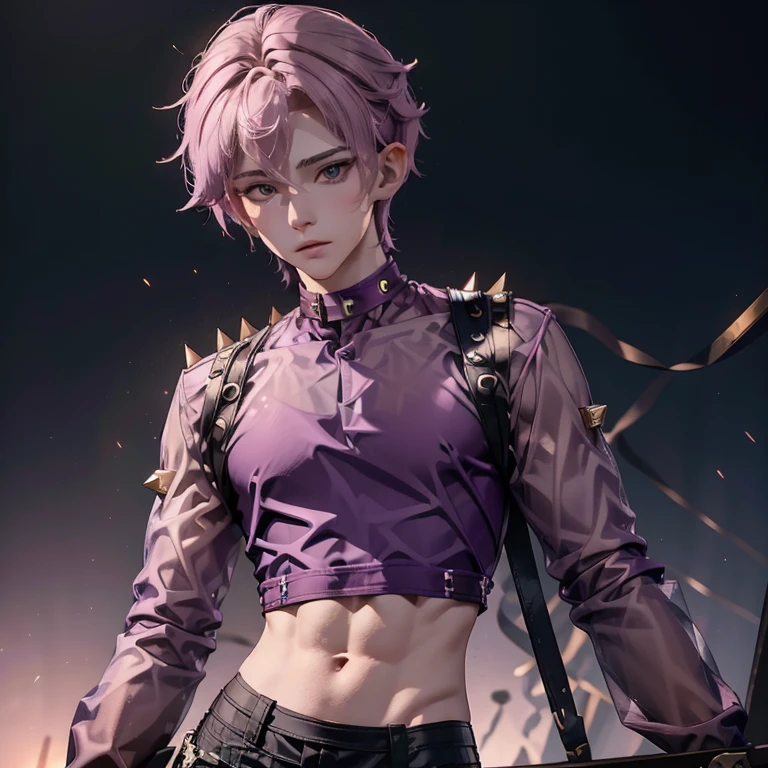 a boy with their hair in a bun their hair purple and pink and their hair almost floating in the sky his skin pale white and almost like a doll their eyes gold and purple there ears look sharp long and pointy like a elf and they're wearing very thin tight short shorts with leggings going all the way up in the leggings covering their stomach as they're wearing a short shirt that says daddy's little slot with the symbol of Dionysus and a crop top jacket with spikes on his shoulders and their shirt is almost see through
