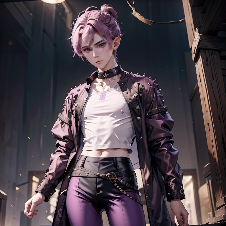 a boy with their hair in a bun their hair purple and pink and their hair almost floating in the sky his skin pale white and almost like a doll their eyes gold and purple there ears look sharp long and pointy like a elf and they're wearing very thin tight short shorts with leggings going all the way up in the leggings covering their stomach as they're wearing a short shirt that says daddy's little slot with the symbol of Dionysus and a crop top jacket with spikes on his shoulders and their shirt is almost see through