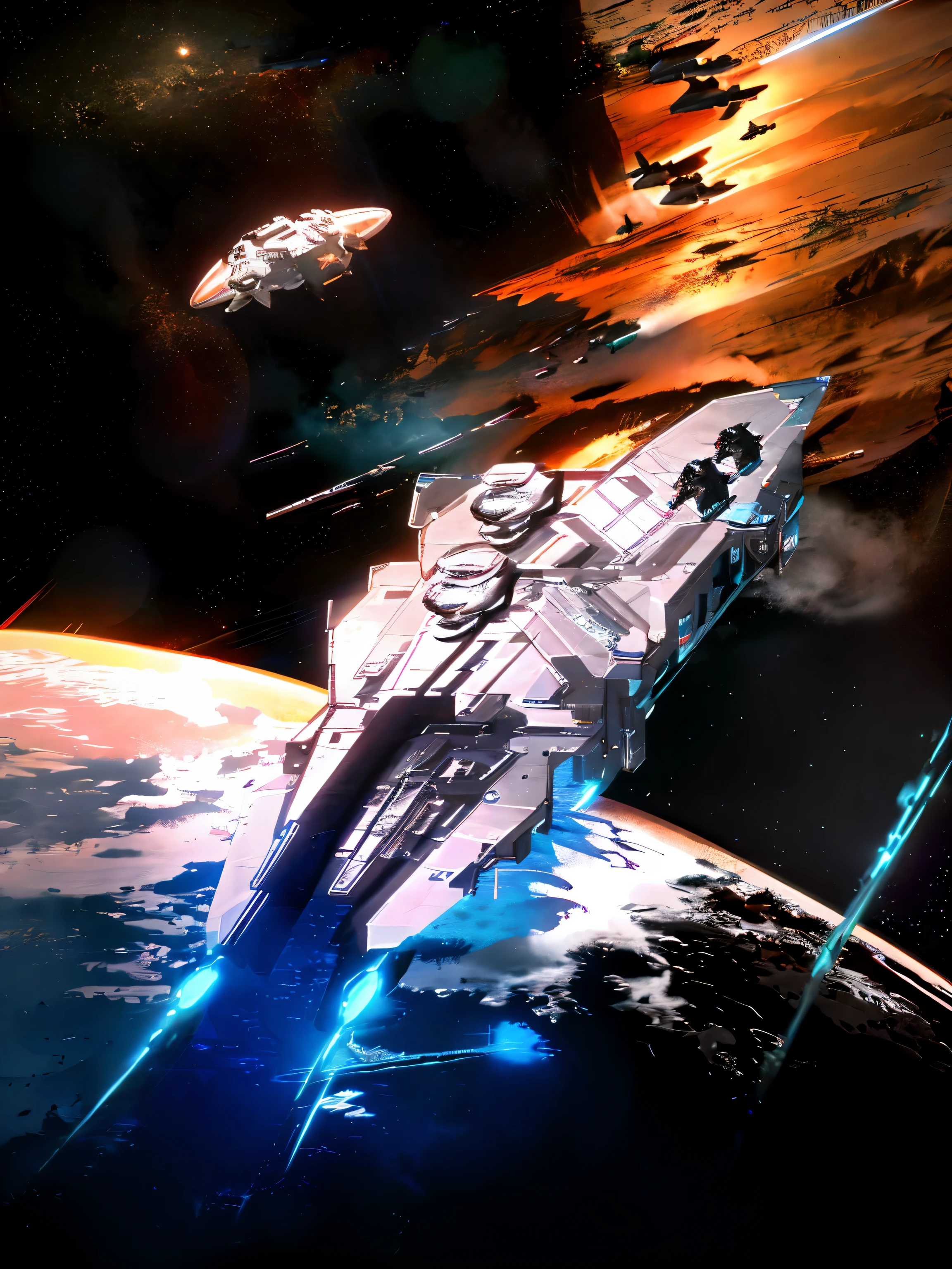 spaceship flying over a planet with a moon in the background, epic orbital spaceships battle, sci-fi space game art, space ships, epic space battle, world of war spaceships, galaxy space hunter, cargo spaceships, spaceships, dramatic space battle, space civlization, orbiting space ships, spaceship battle, elite dangerous, space craft