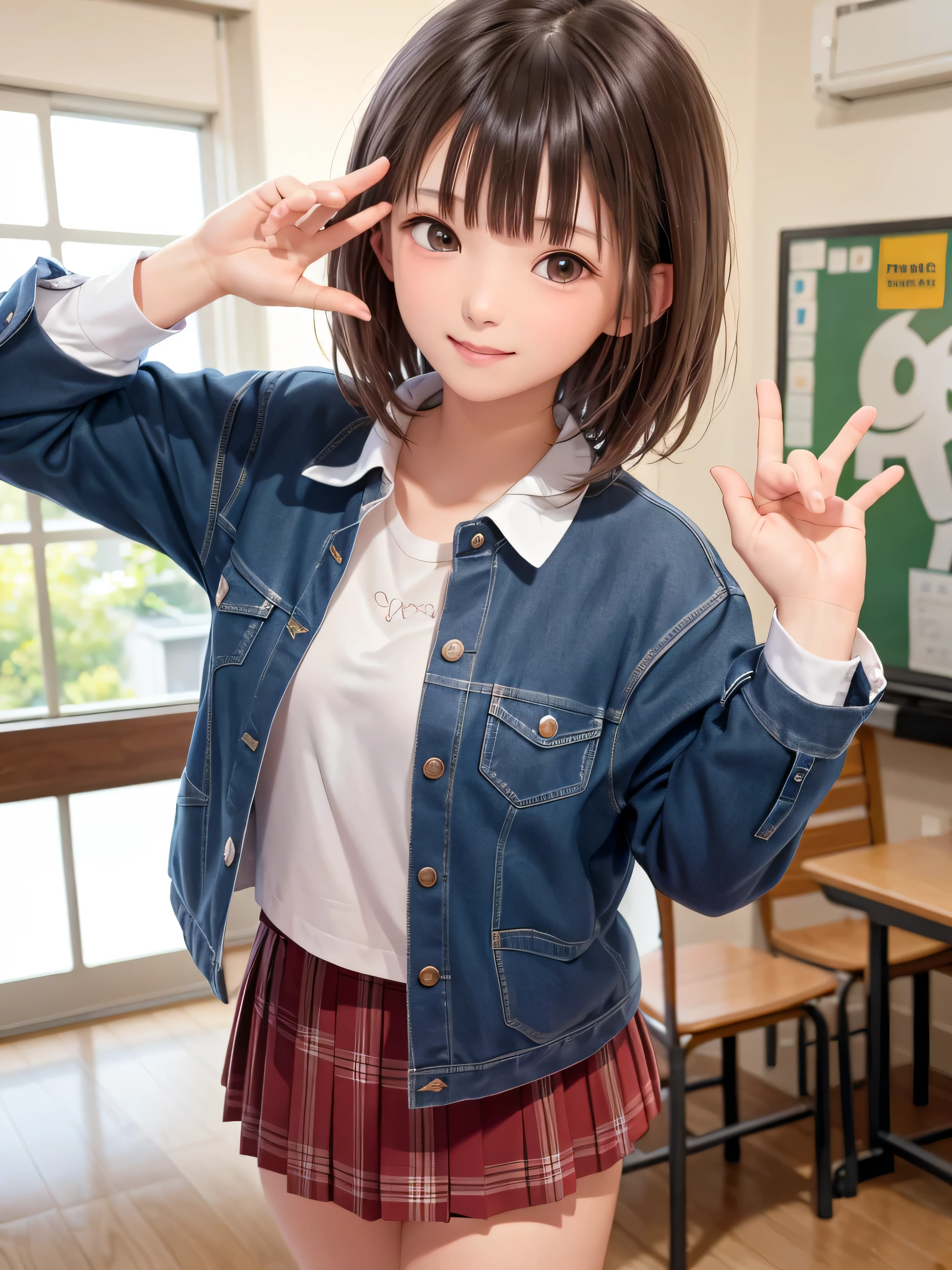 、brown haired、beautidful eyes、real looking skin、hi-school girl、small tits、(8K、masterpiece)、(reallistic、フォトreallistic)、top-quality、ighly detailed、The ultra-detailliert、Beautie、cute little、japanes、A smile、Close-up portrait、Healthy face、School uniform、plaid skirts