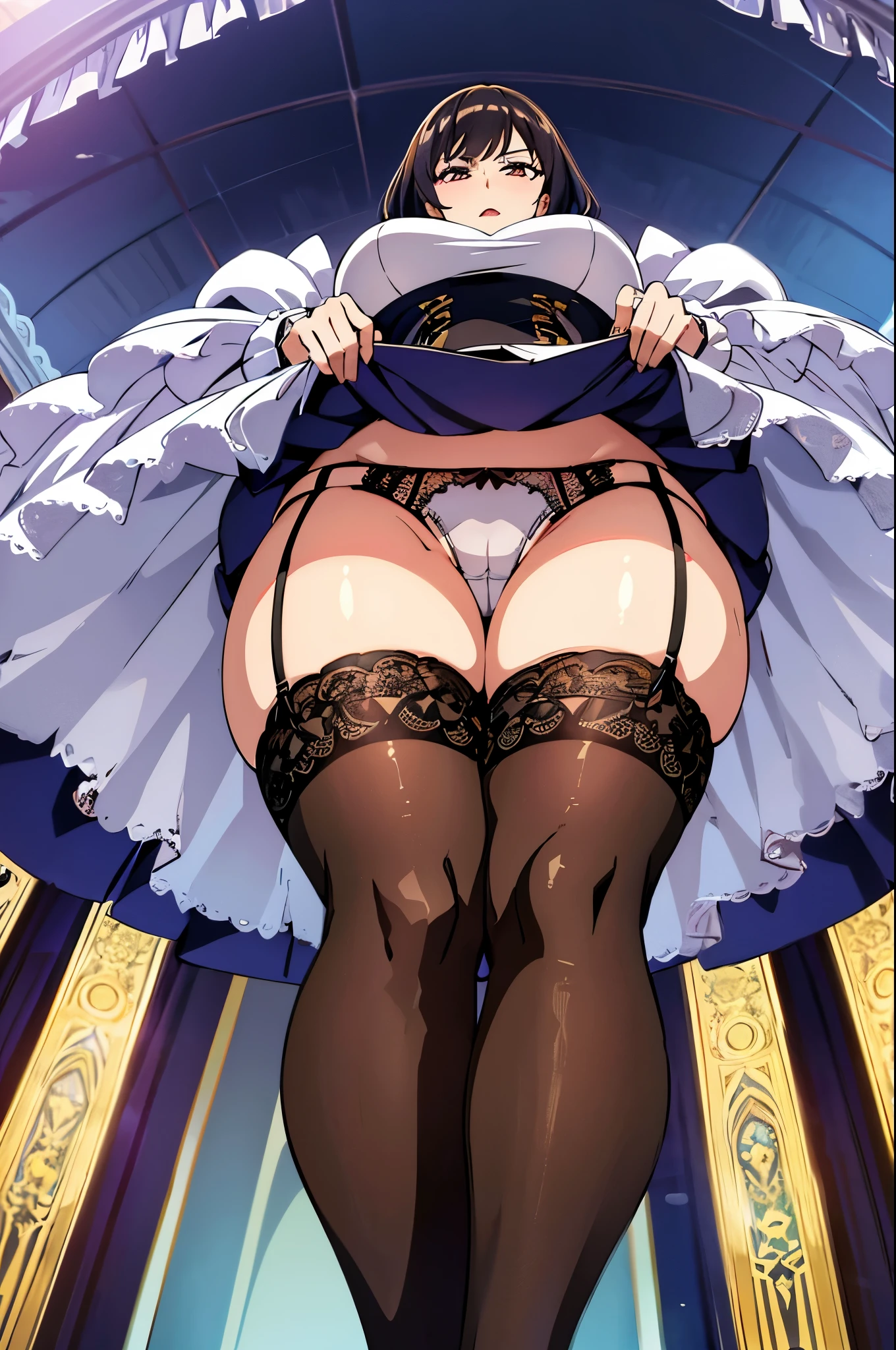 Insanely detailed woman, milf, big lady, huge breasts, legs spread, sexy stockings with garter belts, upskirt, panties, view from below, looming over you, masterpiece, best quality