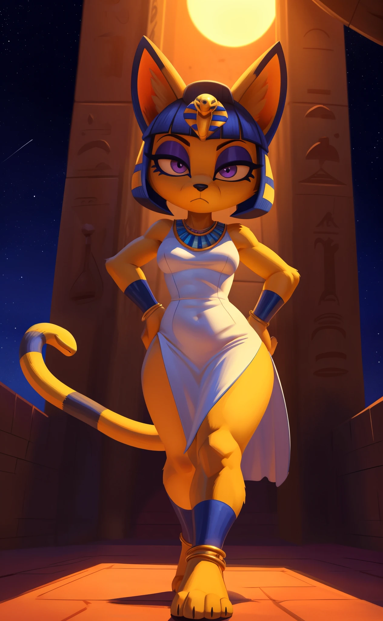 [ankha], [Animal Crossing], [Uploaded to e621.net; (Pixelsketcher), (wamudraws)], ((masterpiece)), ((HD)), ((highres)), ((solo portrait)), ((full body)), ((front view)), ((feet visible)), ((furry; anthro)), ((detailed fur)), ((detailed shading)), ((beautiful render art)), ((cinematic lighting)), {anthro cat; (slim figure), yellow fur, black nose, (cute purple eyes), (indigo eyeshadow), (egyptian eye makeup), cat ears, long cat tail, (curvy hips), (beautiful legs), (beautiful feet), (frown)}, {(tight white dress), (colorful necklace), (detailed snake headwear), (blue bracers), (gold anklets)}, {(walking), (hands on hips), (looking at viewer)}, [background; (sandstone walls), (pyramid), (club), (torch in background), (starry sky), (sun rays)]