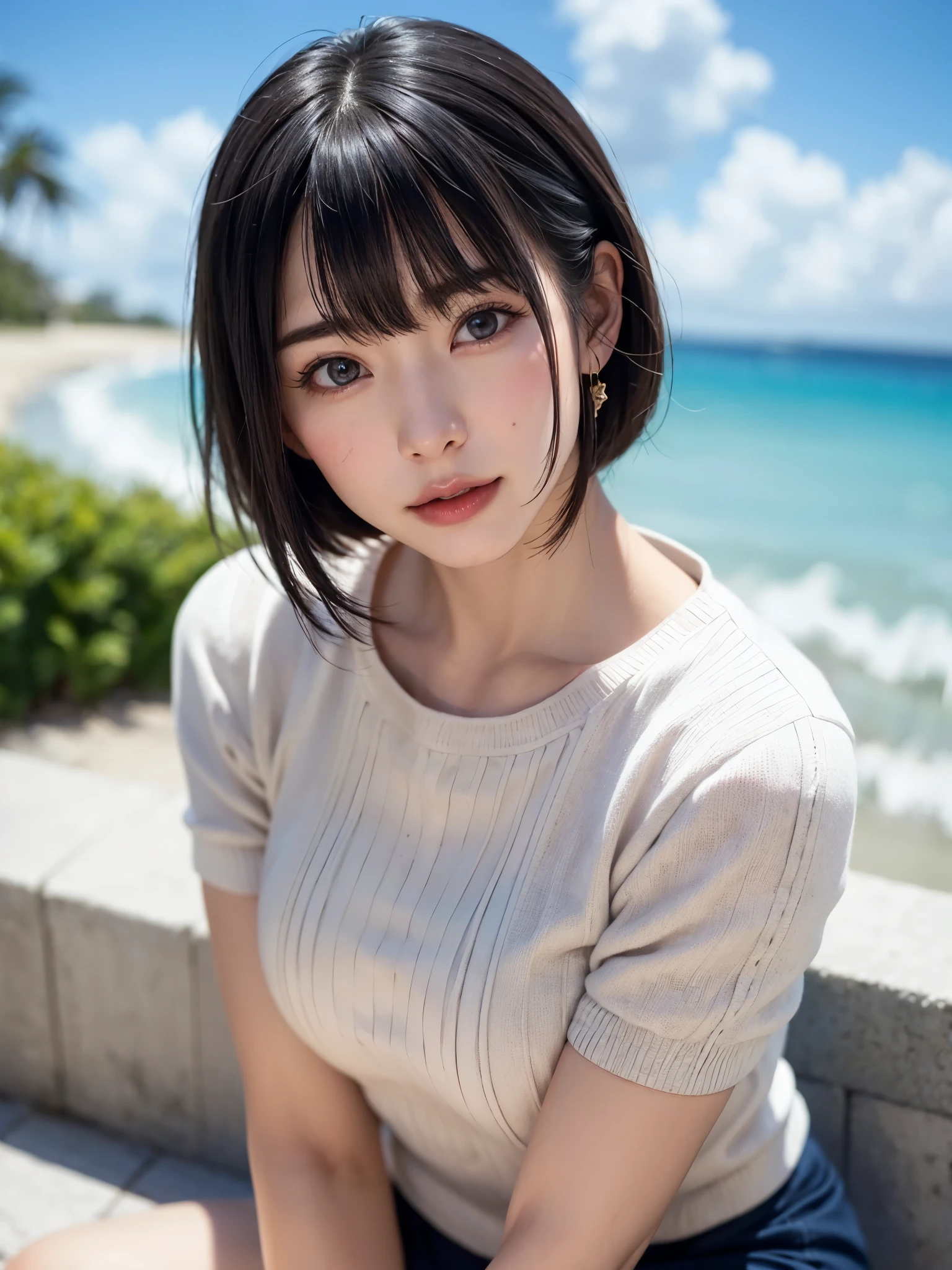 1人、top-quality、realisitic、独奏、depth of fields、natural soft light、during daytime、魅惑的、beauitful face、Cleanliness、Pure face、de pele branca、kawaii、short-hair、bangss、the beach、rays of sunshine、Nedium Breast Body Esbian、((Beautiful face with sweater golden ratio Beautiful face with symmetry))、long neck、Put your ears out、bangssのあるきれいな短いボブヘア、Smile with your mouth closed、perfect hand指、perfect hand、Perfect body、face perfect、Shine a light into the eyes、Perfect Anatomy:1.4、とてもkawaiiスーパーモデル:1.4