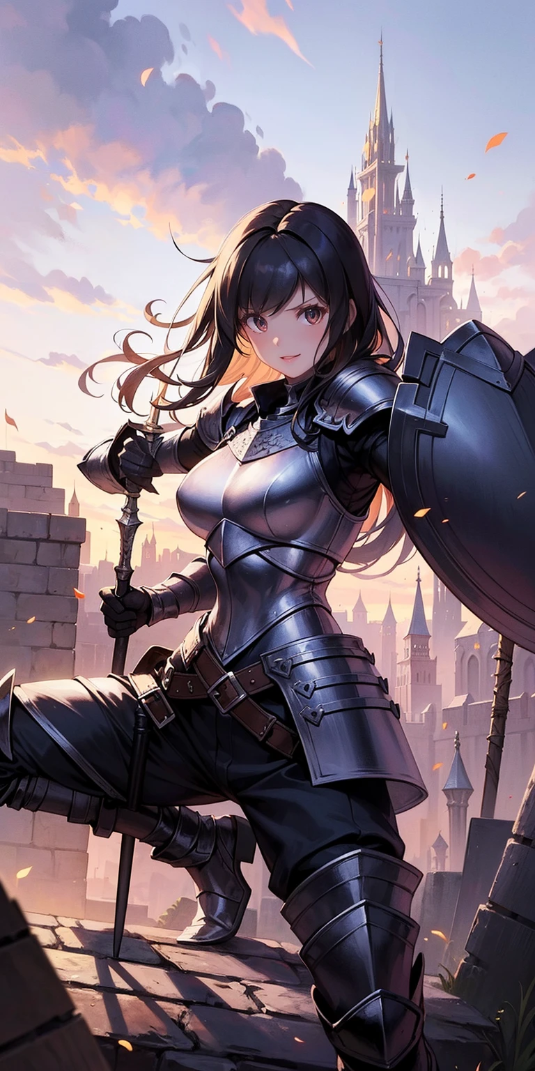 (fighting stance, holding,weapon,spear, shield:1.2),gwendolyn,headband, armor, breastplate, pants,, gloves, pauldrons, gauntlets, looking at viewer, shoulder armor,outdoors,castle,(masterpiece, best quality, ultra-detailed, best shadow)
