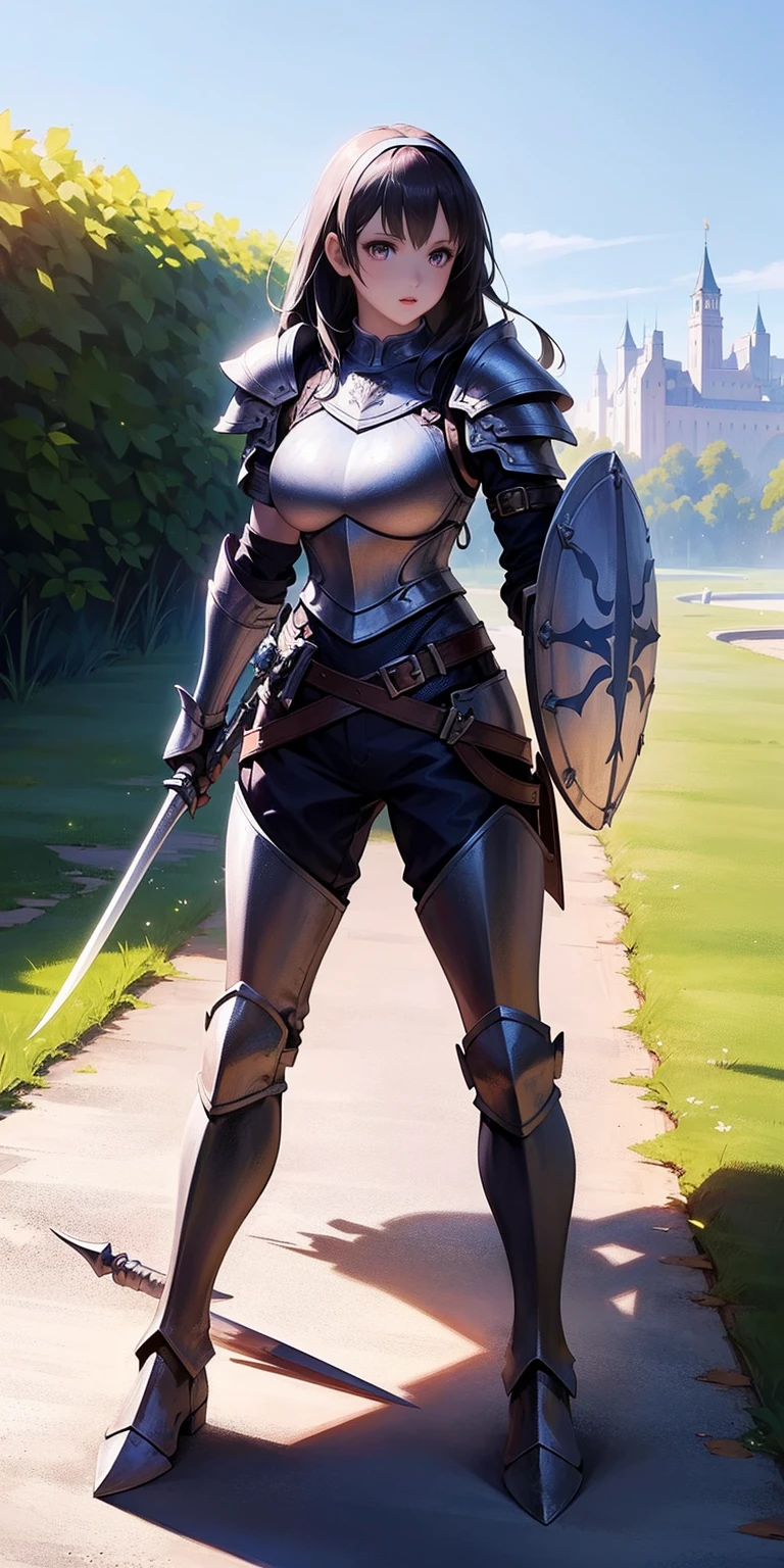 (fighting stance, holding,weapon,spear, shield:1.2),gwendolyn,headband, armor, breastplate, pants,, gloves, pauldrons, gauntlets, looking at viewer, shoulder armor,outdoors,castle,(masterpiece, best quality, ultra-detailed, best shadow)