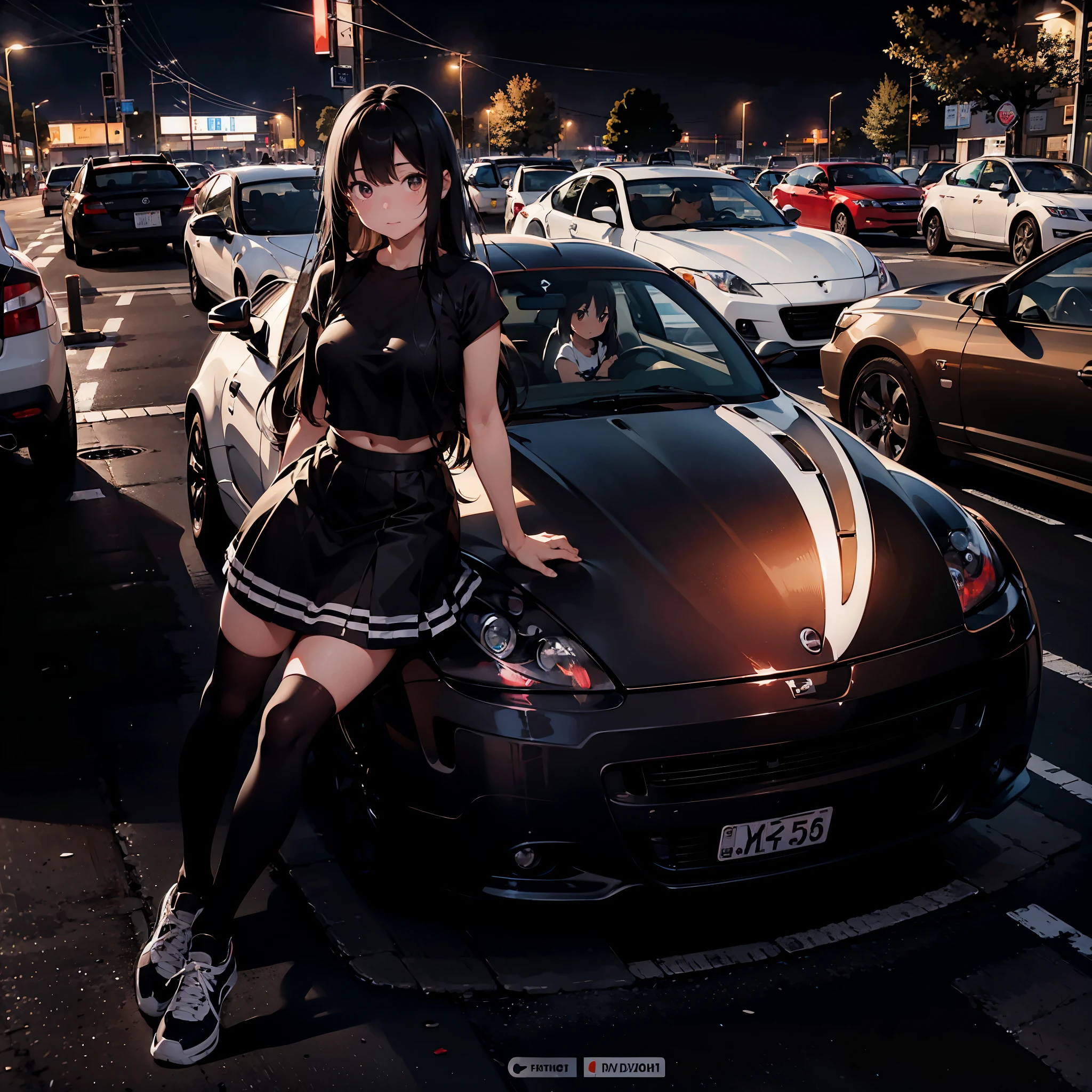 best quality, perfect face high quality, high detail, 4k, masterpiece, girl with long black hair ,neutral expression, plain black t-shirt, black skirt white stripes, black stockings, black and white sport shoes, leaning on a black Nissan 350z, background a car parking space full of cars, night time