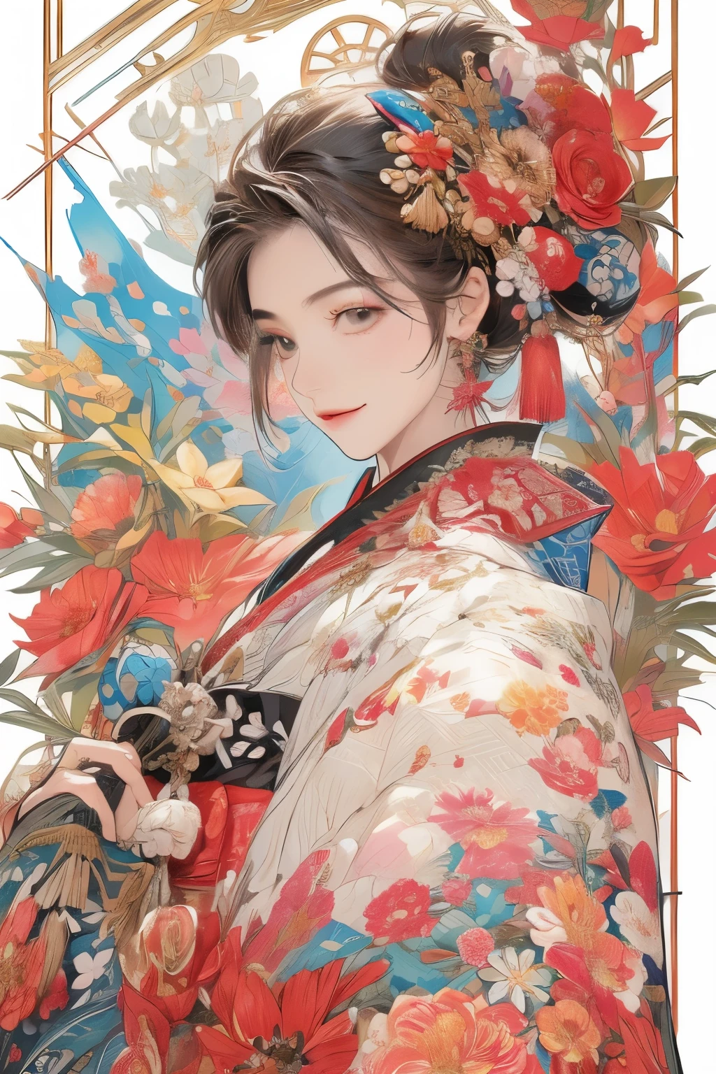 (​masterpiece、top-quality、top-quality、Official art、Beautifully Aesthetic:1.5)、Painterly、sketch、Texture、超A high resolution、独奏、Beautuful Women、A highly detailed、(Fractal Art:1.1)、(colourfull:1.1)(florals:1.6)、The most detailed、(Zentangle:1.2)、(Dynamic Poses)、(Abstract background:1.3)、(shinny skin)、(Many colors:0.8)、(耳环:1.4)、(pluma:0.9)、Taisho romance