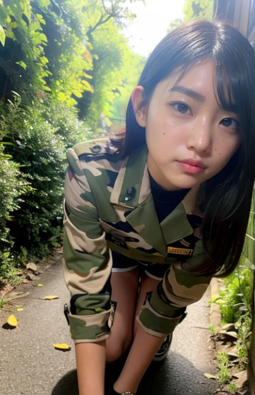 Creeping forward、camouflage uniform、bra very、I can see my stomach、Illuminated by the setting sun、at the sunset、Orange sunset、Mole、Sad face、Rough skin、acne switching body、crawl forward、Military Personnel、camouflage uniform、female pervert、hotpants、A dark-haired、jungles、crawling forward on the ground、シースルーbra very着けてる、reconnoiter
