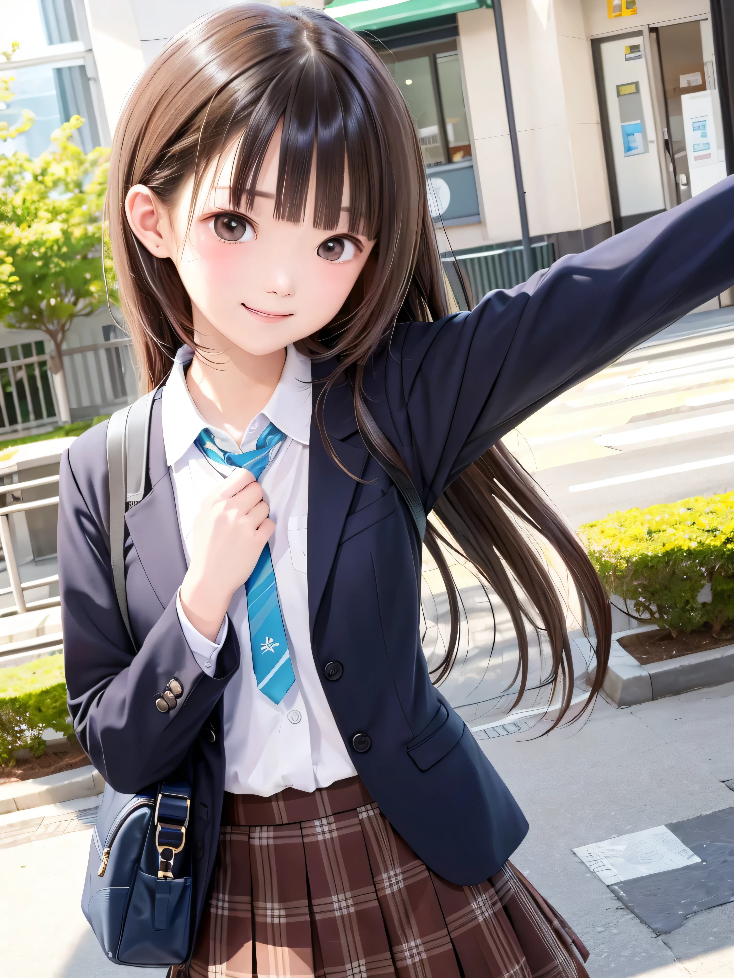 **** student、a beauty girl、brown haired、beautidful eyes、real looking skin、small tits、(8K、​masterpiece)、(reallistic、フォトreallistic)、top-quality、ighly detailed、The ultra-detailliert、Beautie、cute little、japanes、A smile、Close-up portrait、Healthy face、School uniform、plaid skirts