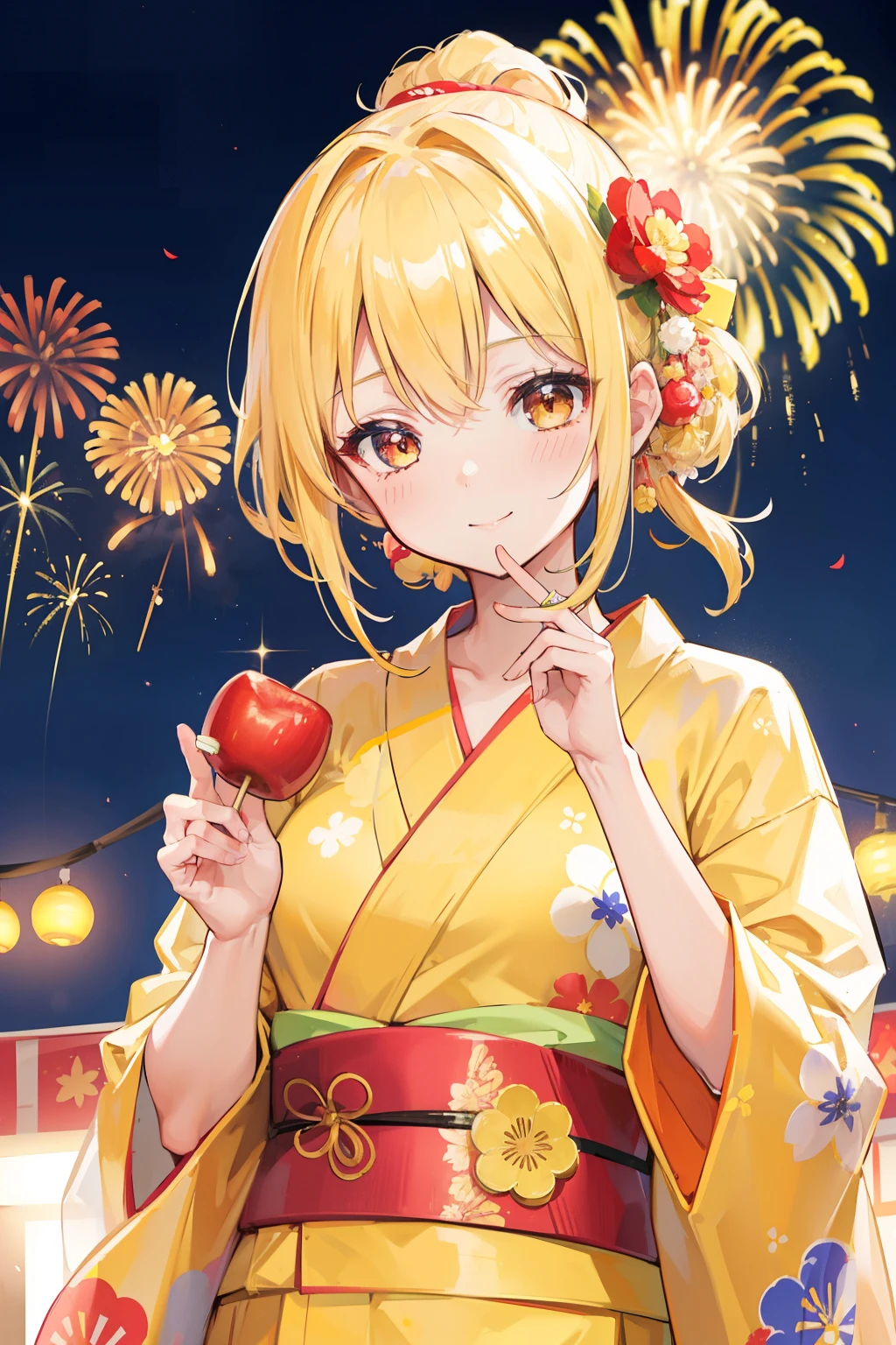1girl, (yellow yukata outfit), (white sash center) , festival stall background, fireworks, holding candy apple, smile, blushing, blonde hair, masterpiece, highest quality, best quality, high quality, pov, high resolution