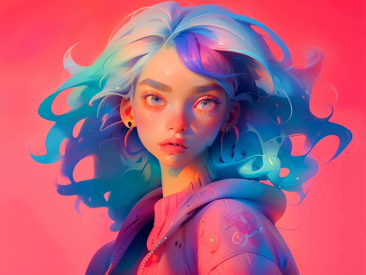 girl facing right,upperbody closeup,Colorful hair and colorful trendy sweatshirts,Colorful art