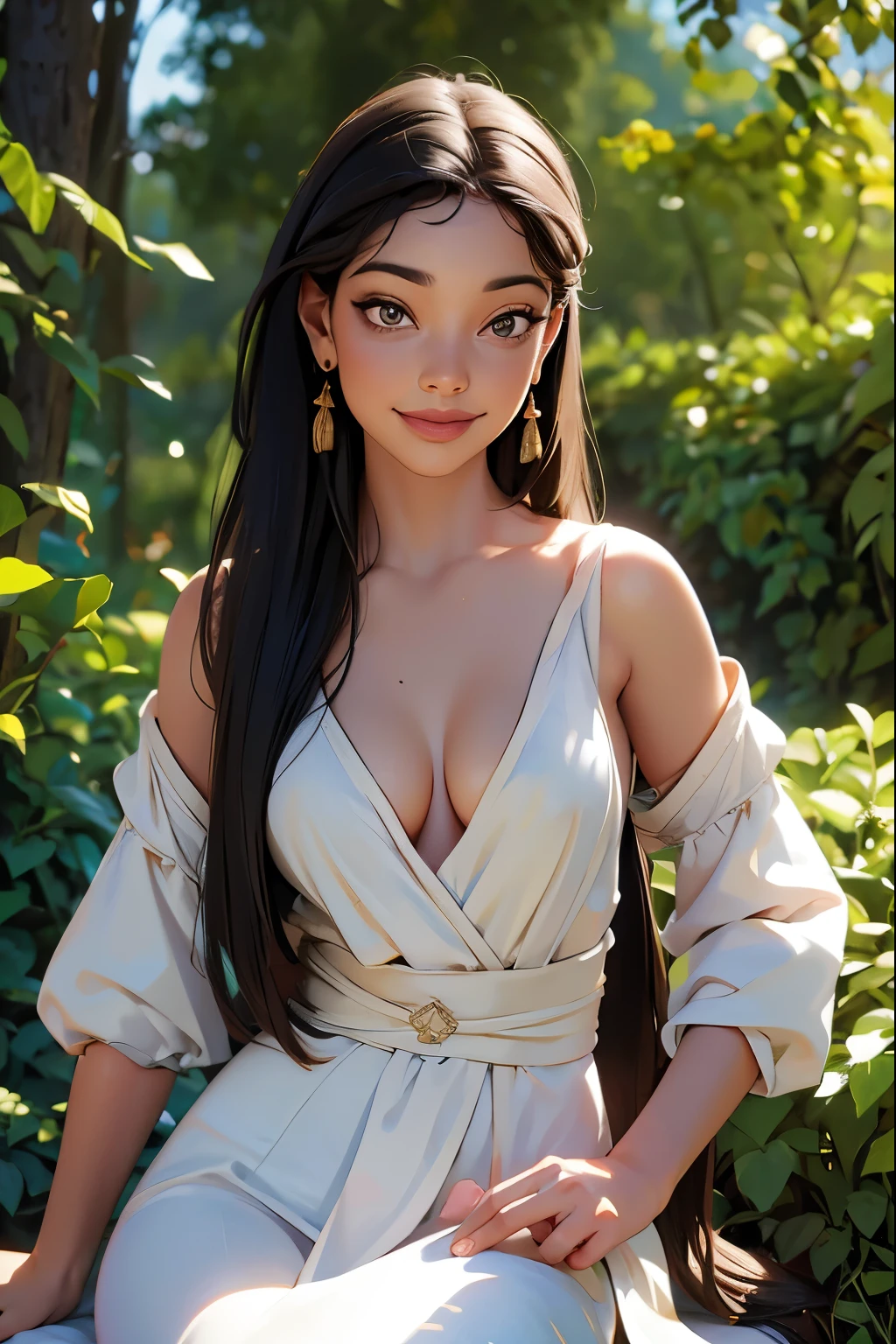 (best quality,4k,8k,highres,masterpiece:1.2),ultra-detailed,(realistic,photorealistic,photo-realistic:1.37),A girl in a garden,portraits,beautiful detailed eyes,beautiful detailed lips,extremely detailed eyes and face,longeyelashes,natural lighting,greenery,peaceful ambiance,flowing dress,flying hair,gentle sunlight,vivid colors,aesthetic composition,soft shadows,subtle breeze,serene expression,relaxed posture,harmonious background,dreamy atmosphere, dressed in ancient garb (15th century)), cleavage, smiling, full view