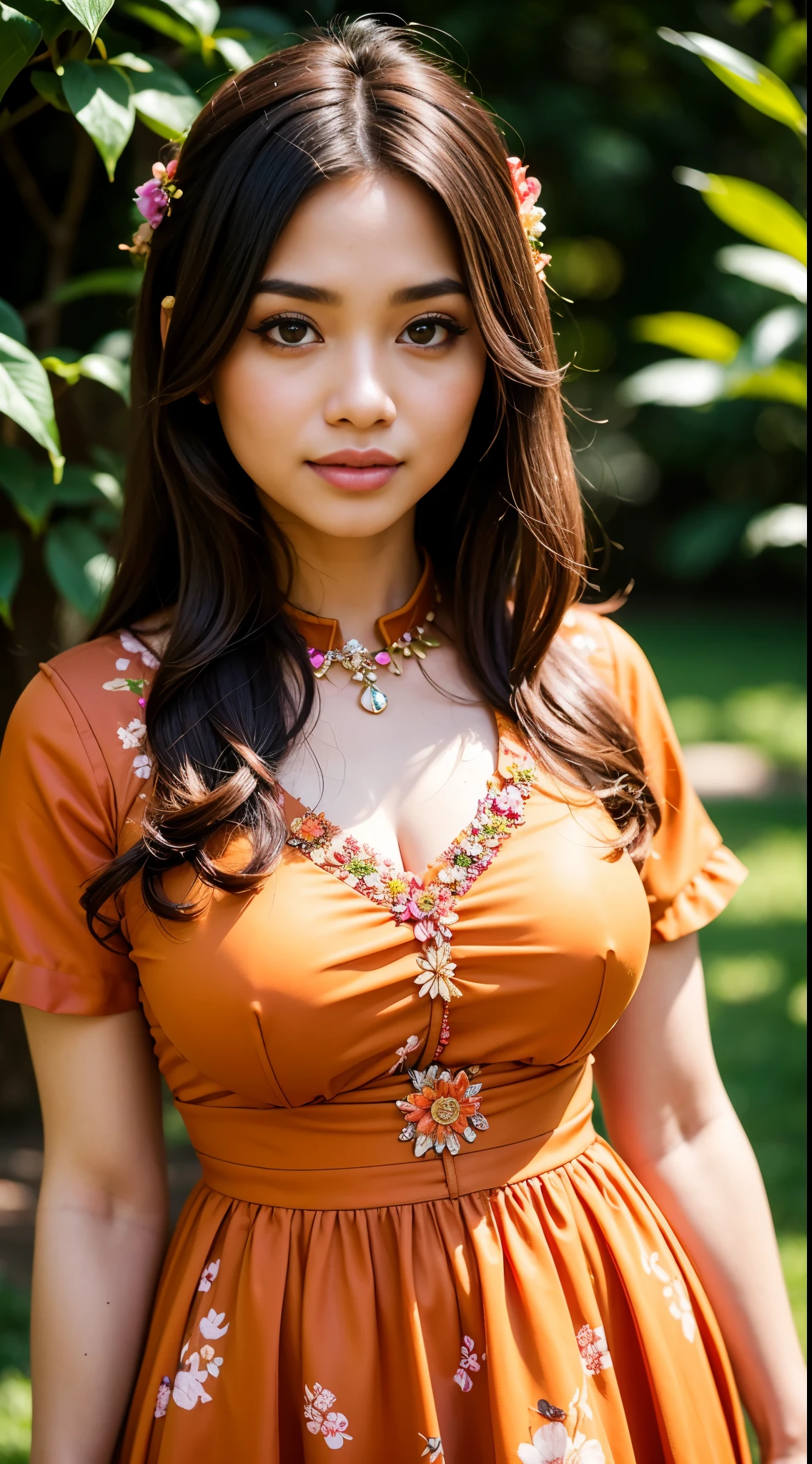( Close Up),RAW, Best quality, high resolution, masterpiece: 1.3), beautiful Malay woman in , Masterpiece, perfect body, Big breasts, thick thighs, long hair, brown hair, beautiful big eyes, mole under the eyes, long eyelashes, big eyes, beutifull face, perfect hand, Soft smile, woman in an orange floral dress (( daster)),( frilled dress:1.1) ,standing on a brick wall, frock, malay women's fashion model, flowery dress, flowing dress, malay dress, wearing a long flowery dress, floral, stylish dress, floral art novuea dress,,long dress female, orange and brown leaves for hair, dress, ,Great lighting, Bright colors, Clean lines