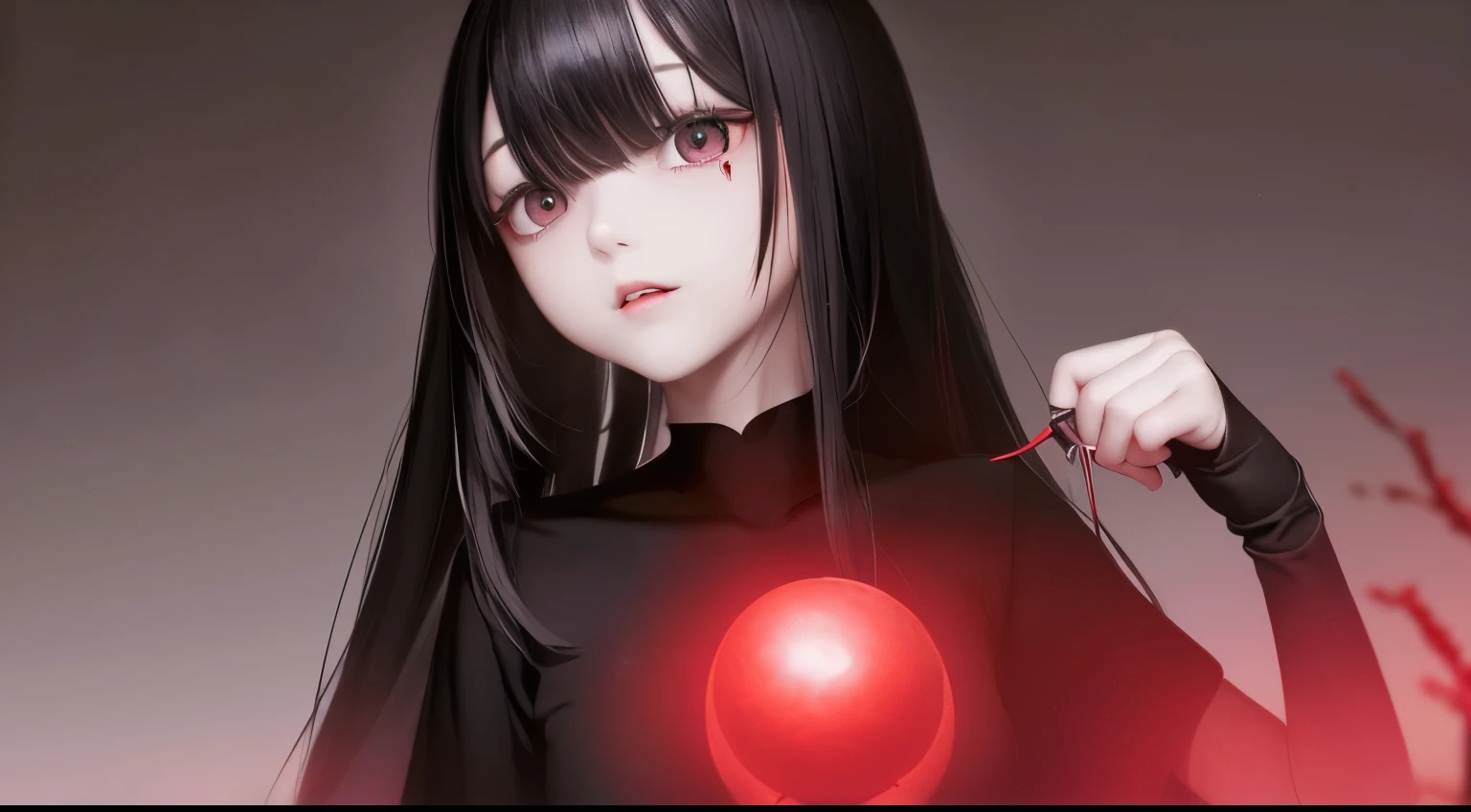 (a very delicate and beautiful)、female pervert、The eyeball is a red cavity、(Maniacal)、The human、Gamine、Disgusting、canny、terrifying、独奏、(silhuette)、(、dark backgrounds、a black T-shirt(silhuette)、skinny body、The long-haired、Hollow parts、Black、BLOOD、