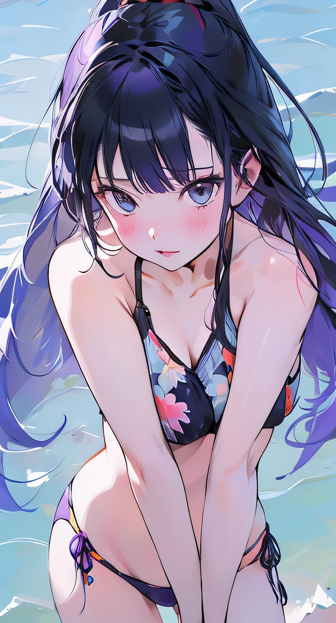 1 girl, long purple hair, blue eyes, wearing bikini, beach, high res, ultrasharp, 8K, masterpiece, high view