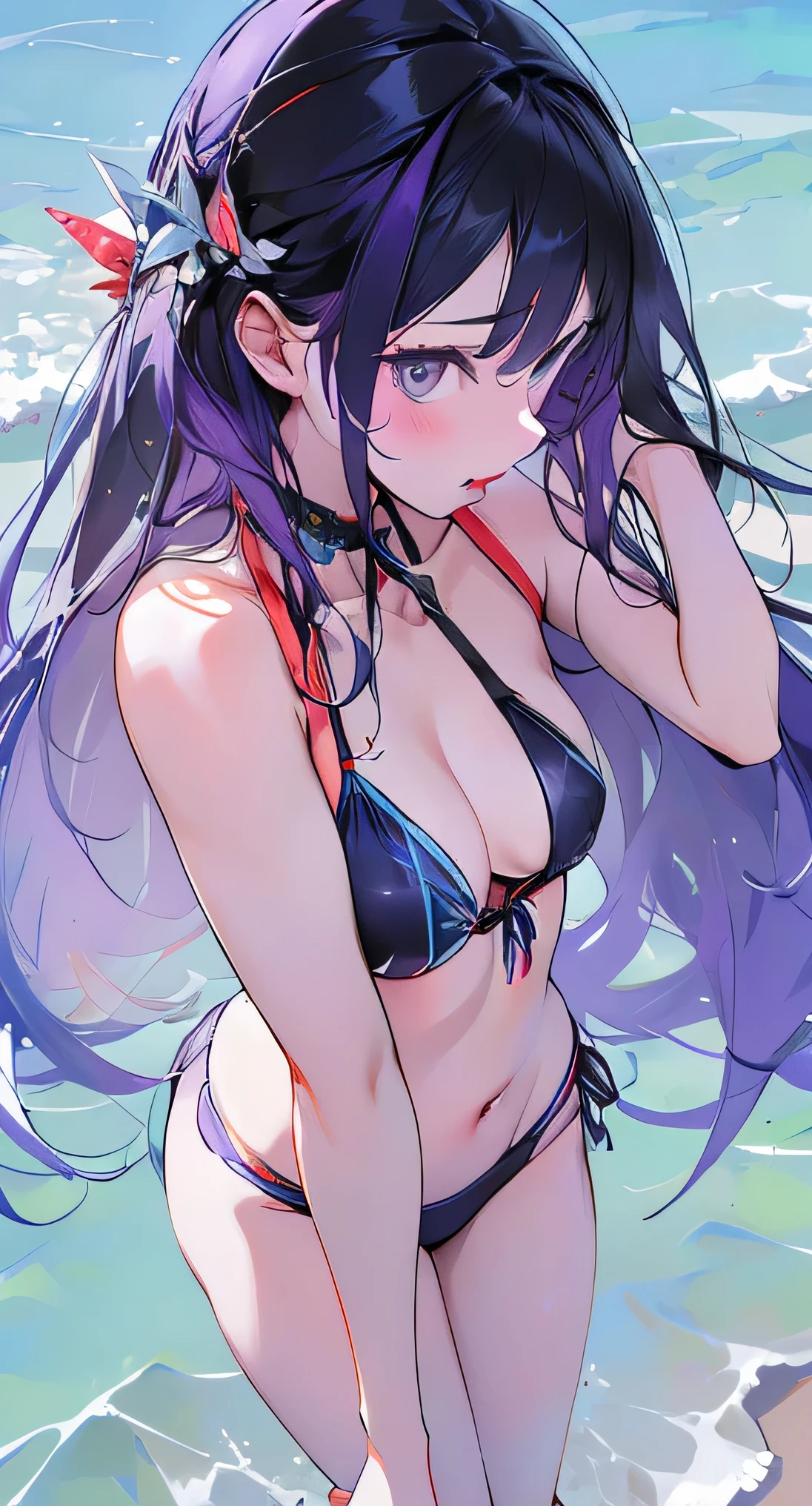 1 girl, long purple hair, blue eyes, wearing bikini, beach, high res, ultrasharp, 8K, masterpiece, high view