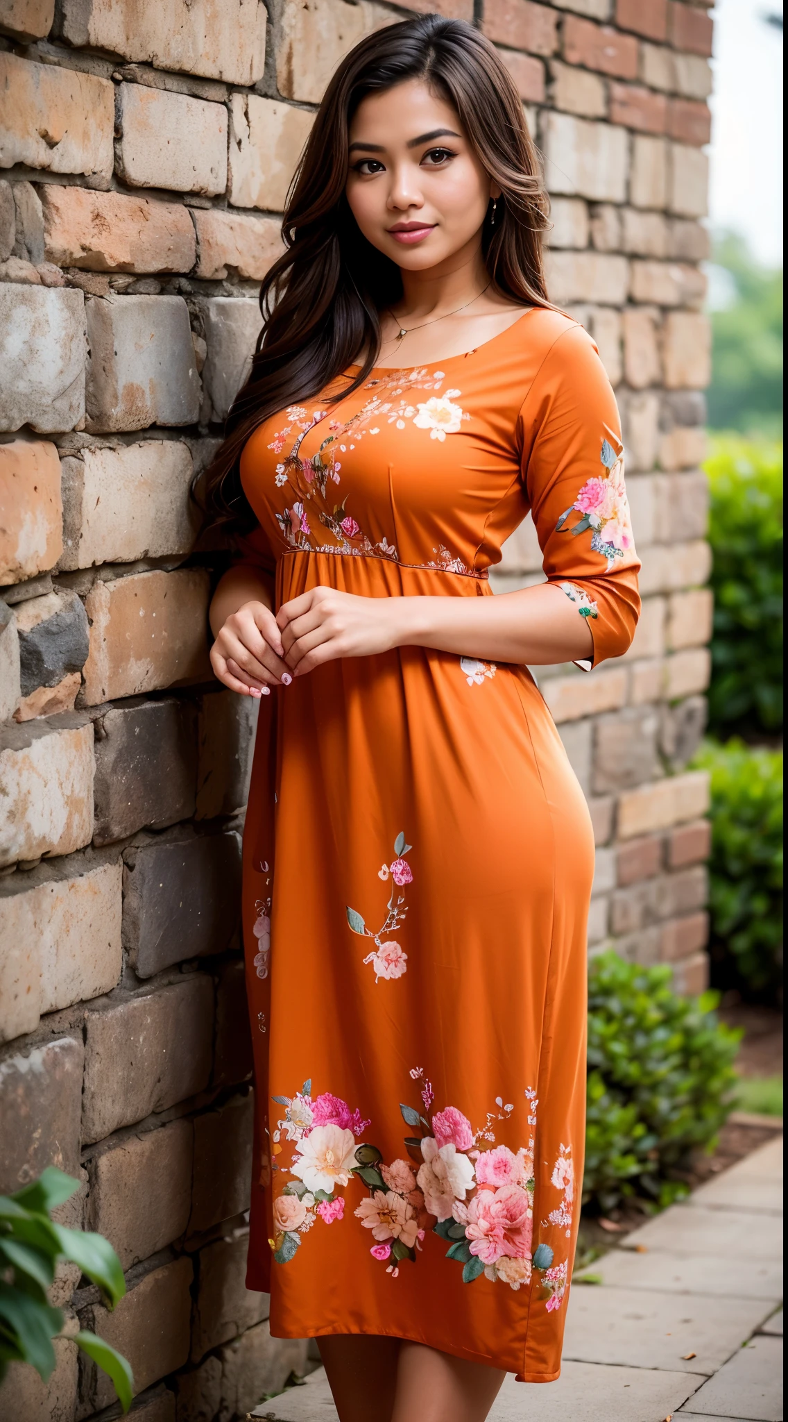 ( Close Up),RAW, Best quality, high resolution, masterpiece: 1.3), beautiful Malay woman in , Masterpiece, perfect body, Big breasts, thick thighs, long hair, brown hair, beautiful big eyes, mole under the eyes, long eyelashes, big eyes, beutifull face, Soft smile, woman in an orange floral dress (( daster)),standing on a brick wall, frock, malay women's fashion model, flowery dress, flowing dress, malay dress, wearing a long flowery dress, floral, stylish dress, floral art novuea dress,, long dress female, orange and brown leaves for hair, dress, ,Great lighting, Bright colors, Clean lines