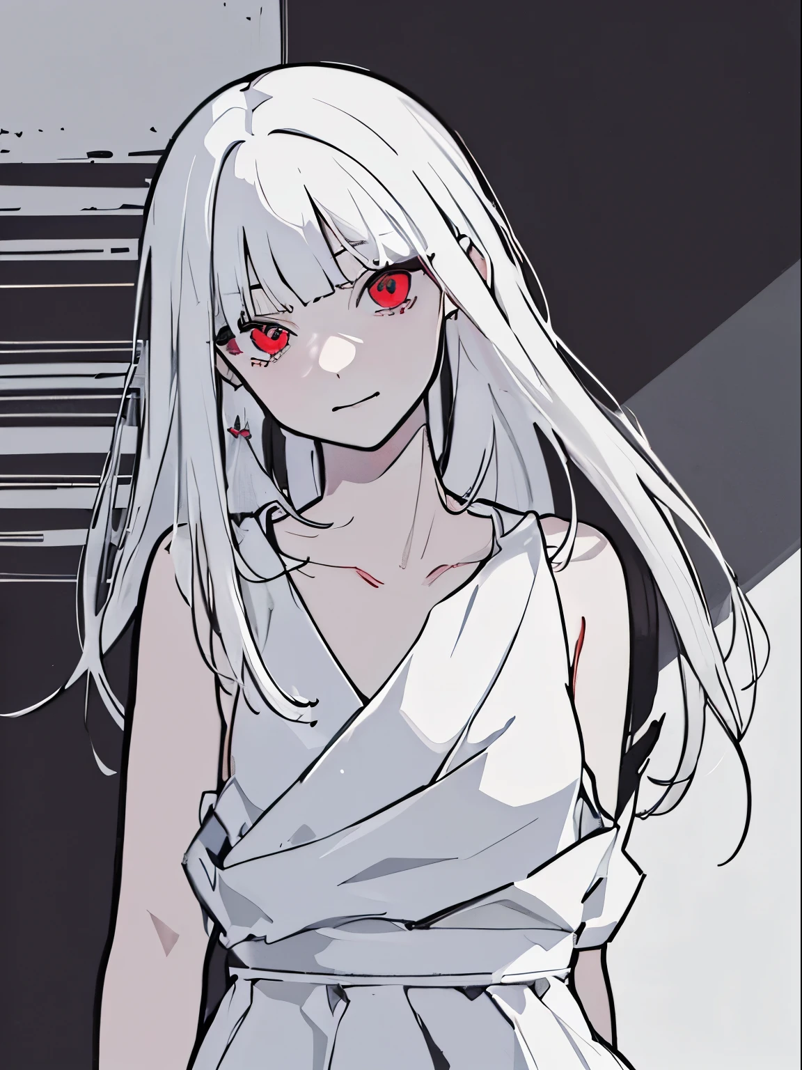 style of painting,(empty background),((Flat chest)),(Front Portrait), (Black and whature Women,((Microthorax)),(High cold),Hey, hey, smile,monochrome, blank stare, dead fish eyes, cool beauty,half lidded eyes, indifferent expression, black and white portrait, bored, impassive, loner,(Alone),Wispy bangs,Textured straight,Above the waist,((White Hair)),(Red Pupil),((White Dress)),Hip Skirt,Wispy bangs