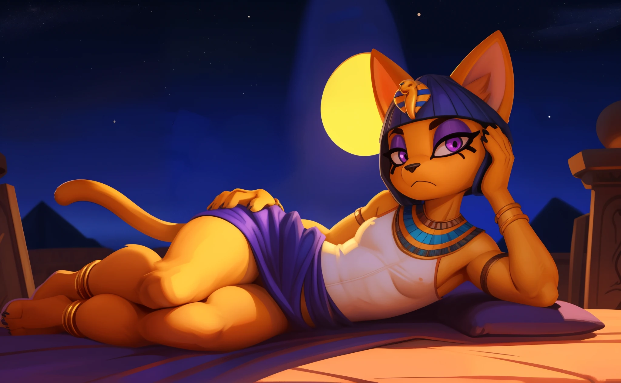 [ankha], [Animal Crossing], [Uploaded to e621.net; (Pixelsketcher), (wamudraws)], ((masterpiece)), ((HD)), ((highres)), ((solo portrait)), ((full body)), ((bird's-eye view)), ((feet visible)), ((furry; anthro)), ((detailed fur)), ((detailed shading)), ((beautiful render art)), ((cinematic lighting)), {anthro cat; (slim figure), yellow fur, black nose, (cute purple eyes), (indigo eyeshadow), (egyptian eye makeup), cat ears, long cat tail, (sharp purple nails), (curvy hips), (beautiful legs), (beautiful feet), (humanoid feet), (frown)}, {(wrapped in bandages), (bandage bandeau), (navel), (white panties), (colorful necklace), (detailed snake headwear), (blue bracers), (gold anklets)}, {(laying on bed), (laying on side), (head on pillow), (looking at viewer)}, [background; (sandstone walls), (bedroom), (window), (starry sky), (ambient lighting)]