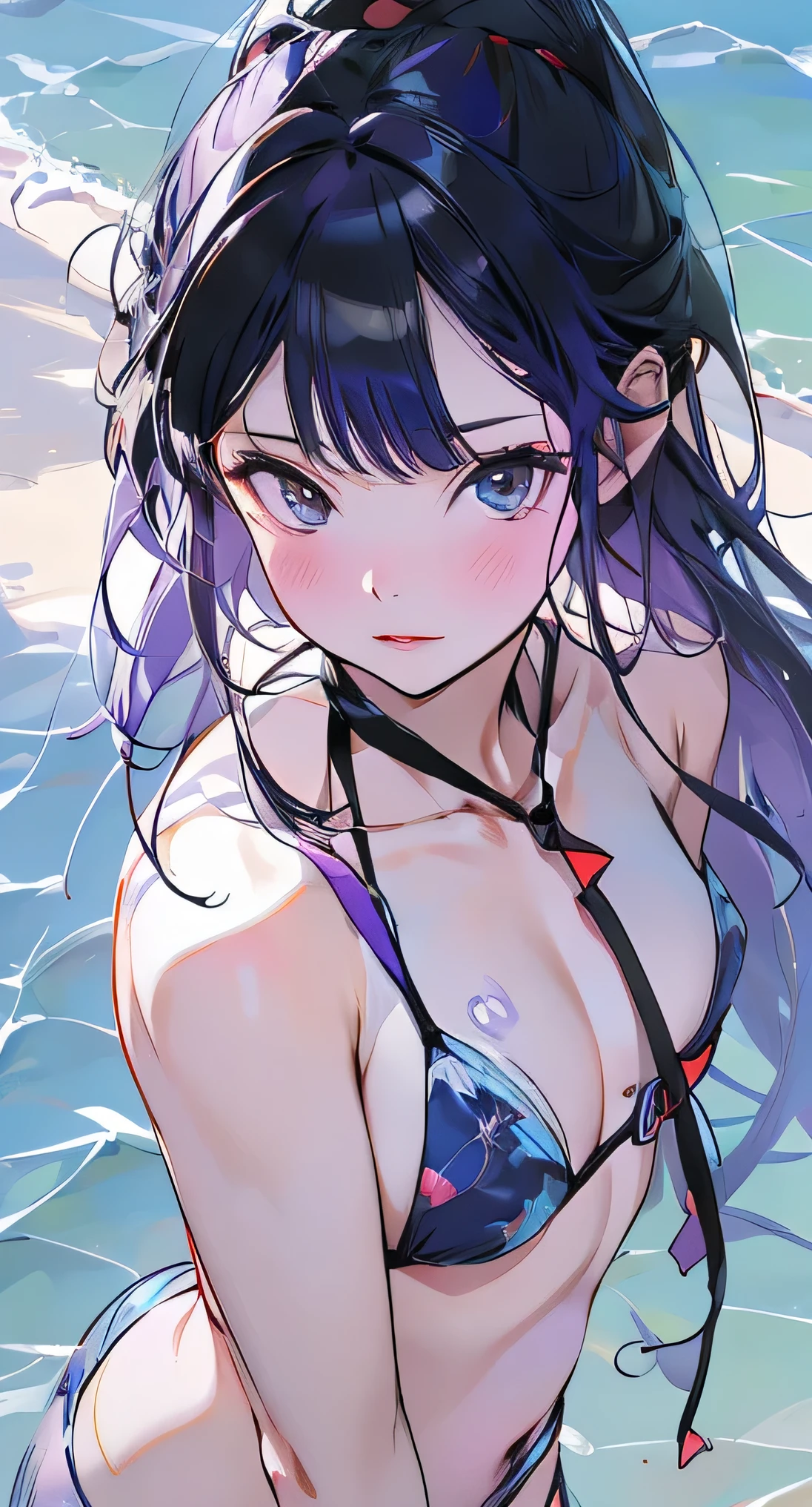 1 girl, long purple hair, blue eyes, wearing bikini, beach, high res, ultrasharp, 8K, masterpiece, high view