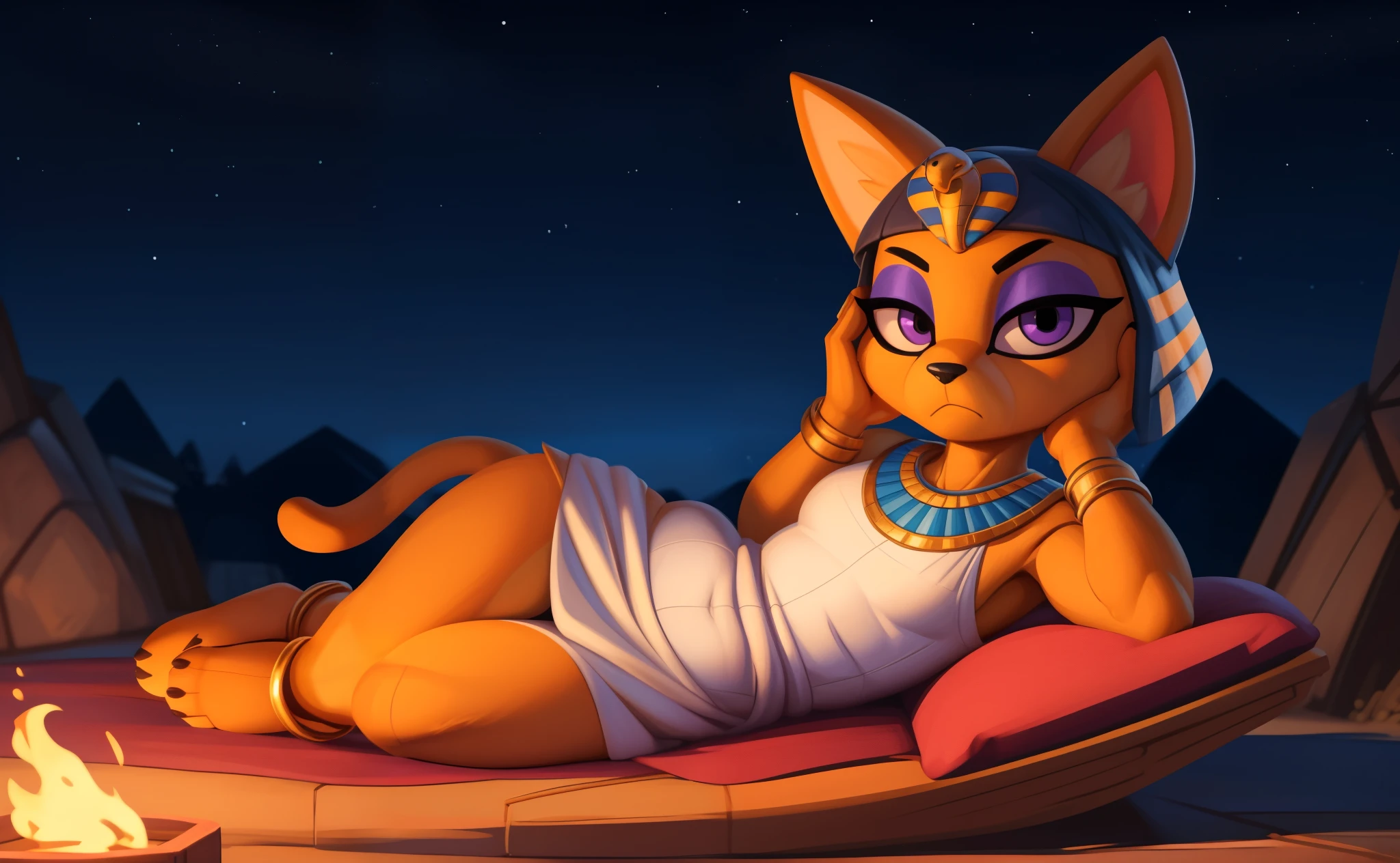 [ankha], [Animal Crossing], [Uploaded to e621.net; (Pixelsketcher), (wamudraws)], ((masterpiece)), ((HD)), ((highres)), ((solo portrait)), ((full body)), ((front view)), ((feet visible)), ((furry; anthro)), ((detailed fur)), ((detailed shading)), ((beautiful render art)), ((cinematic lighting)), {anthro cat; (slim figure), yellow fur, black nose, (cute purple eyes), (indigo eyeshadow), (egyptian eye makeup), cat ears, long cat tail, (curvy hips), (beautiful legs), (beautiful feet), (frown)}, {(tight white dress), (colorful necklace), (detailed snake headwear), (blue bracers), (gold anklets)}, {(laying on hammock), (laying on side), (hand on face), (looking at viewer)}, [background; (sandstone walls), (pyramid), (club), (torch in background), (starry sky), (sun rays)]