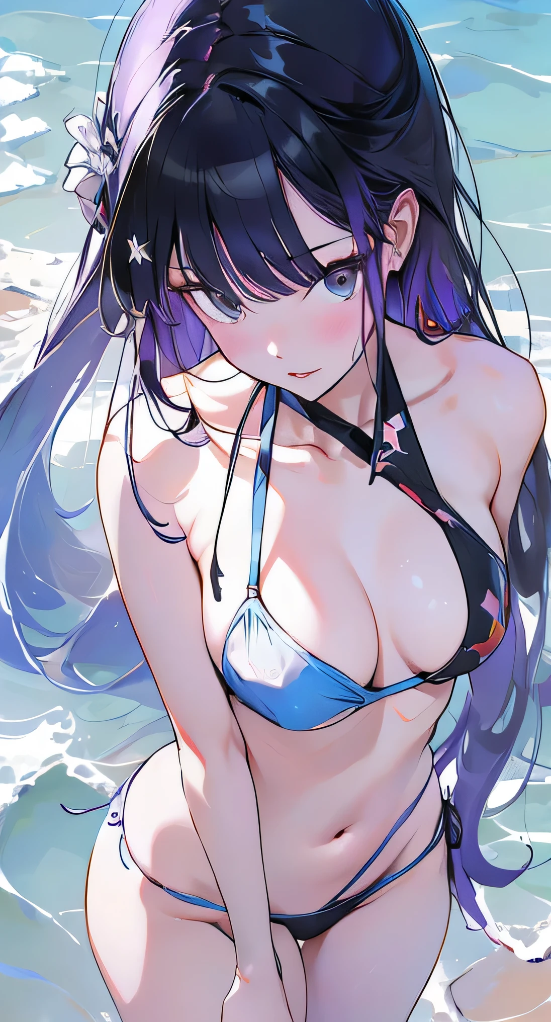 1 girl, long purple hair, blue eyes, wearing bikini, beach, high res, ultrasharp, 8K, masterpiece, high view