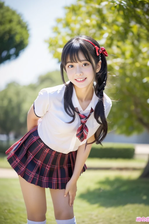 (((masterpiece))), (((Full body photo))), (One beautiful Japan girl, Innocence,kawaii) ,超A high resolution, Realistic, ultra-detailliert, 8K,top-quality, Extremely detailed, Detailed background,A slender,very beautiful japanese girl, Detailed face:1.3), (I tie my hair short and put it up.,Cute Hair Ornament,A dark-haired :1.4), (a ,kawaii系,adorable 10 year oPerfect body:1.1), (White shirt,Red Check Ribbon,Red plaid mini skirt、Dark blue high socks、lowfers), On the lawn of the park,ask for a smile,Please show me your beautiful teeth,((Focus on the crotch,Lift up your skirt、Panties are visible)),Looking back、sexy pose,rosy cheeks,Super Detailed Face、Detailed lips、A detailed eye、small gravure idol,Transparent skin、Lolita,japanese hight school uniform,Shade,Under a big tree,Photorealistic:1.37,no-makeup,Neutral Lighting,((posterior view))、Looking up from the ground