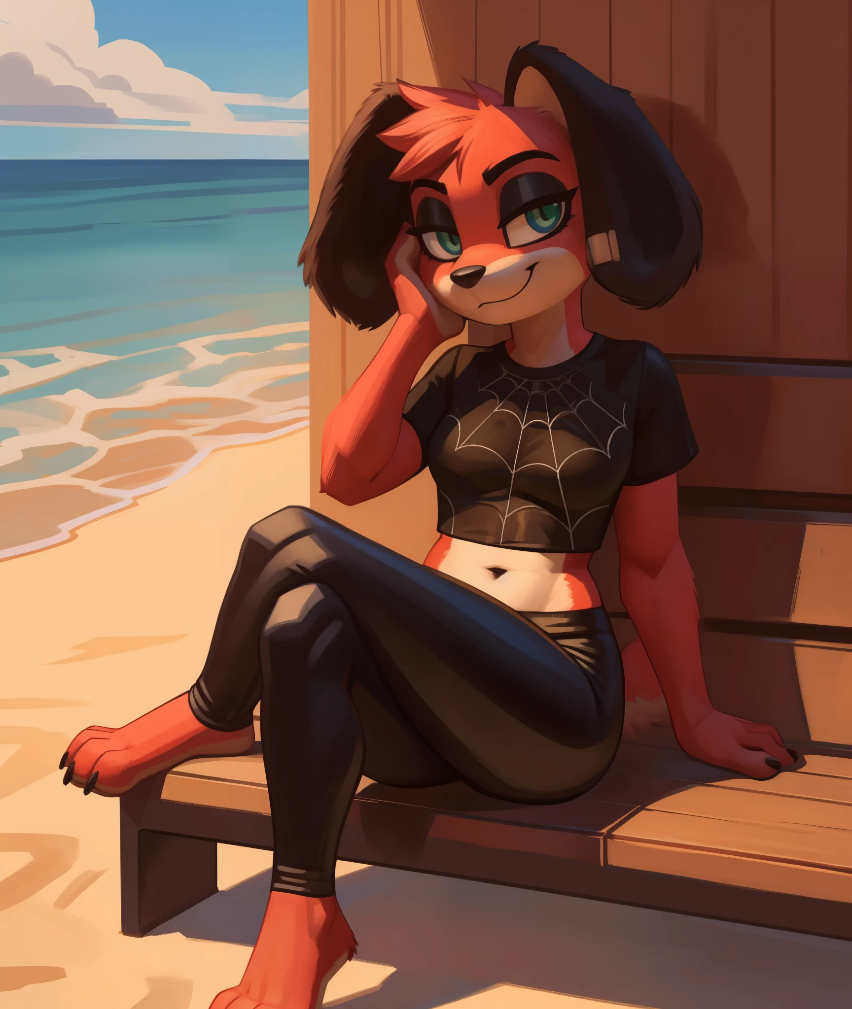 [Cherry], [Animal Crossing], [Uploaded to e621.net; (Pixelsketcher), (wamudraws)], ((masterpiece)), ((HD)), ((highres)), ((solo portrait)), ((full body)), ((front view)), ((feet visible)), ((furry; anthro)), ((detailed fur)), ((detailed shading)), ((beautiful render art)), ((intricate details)), {anthro; (slim figure), red fur, black nose, cute green eyes, (half-closed eyes), (black eyeshadow), (black spot over left eye), (long black ears), (black floppy dog ears), small fluffy tail, (curvy hips), (small boobs), (beautiful legs), (beautiful feet), (smug smirk)}, {(spiderweb tee shirt), (navel), (black spandex yoga pants)}, {(sitting on bench), (crossed legs), (hand on face), (looking at viewer)}, [background; (boardwalk), (blue sky), (sun rays)]