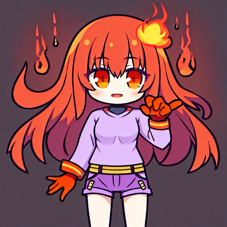 best quality, masterpiece, solo, 1girl, purple shirt, purple shorts, red long hair, orange eyes, orange skin, red gloves, fire