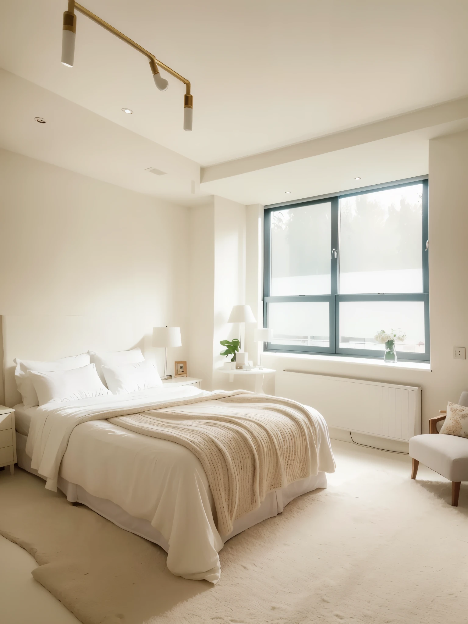 arafed bedroom with a White bed and a white chair, dairy factory, cream and white color scheme, Bedrooms, White bed, A bright room, serene and peaceful style, 宁静的Bedrooms环境, natural light in the room, cozy and calm, cozy room, light cream and white colors, soothing and cozy landscape, cozy bed, designed for cozy aesthetics!