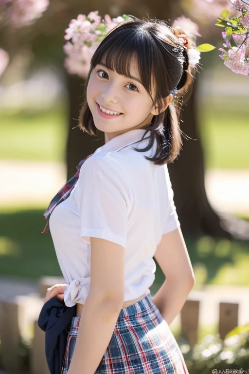 (((masterpiece))), (((Full body photo))), (One beautiful Japan girl, Innocence,kawaii) ,超A high resolution, Realistic, ultra-detailliert, 8K,top-quality, Extremely detailed, Detailed background,A slender,very beautiful japanese girl, Detailed face:1.3), (short-haired,I tie my hair short and put it up.,Cute Hair Ornament,A dark-haired :1.4), (a baby face,kawaii系,adorable 10 year old girl), (Perfect body:1.1), (White shirt,Red Check Ribbon,Red plaid mini skirt、Dark blue high socks、lowfers), On the lawn of the park,ask for a smile,Please show me your beautiful teeth,((Focus on the crotch,Lift up your skirt、Panties are visible)),Looking back、sexy pose,rosy cheeks,Super Detailed Face、Detailed lips、A detailed eye、small gravure idol,Transparent skin、Lolita,japanese hight school uniform,Shade,Under a big tree,Photorealistic:1.37,no-makeup,Neutral Lighting,((posterior view))、Looking up from the ground