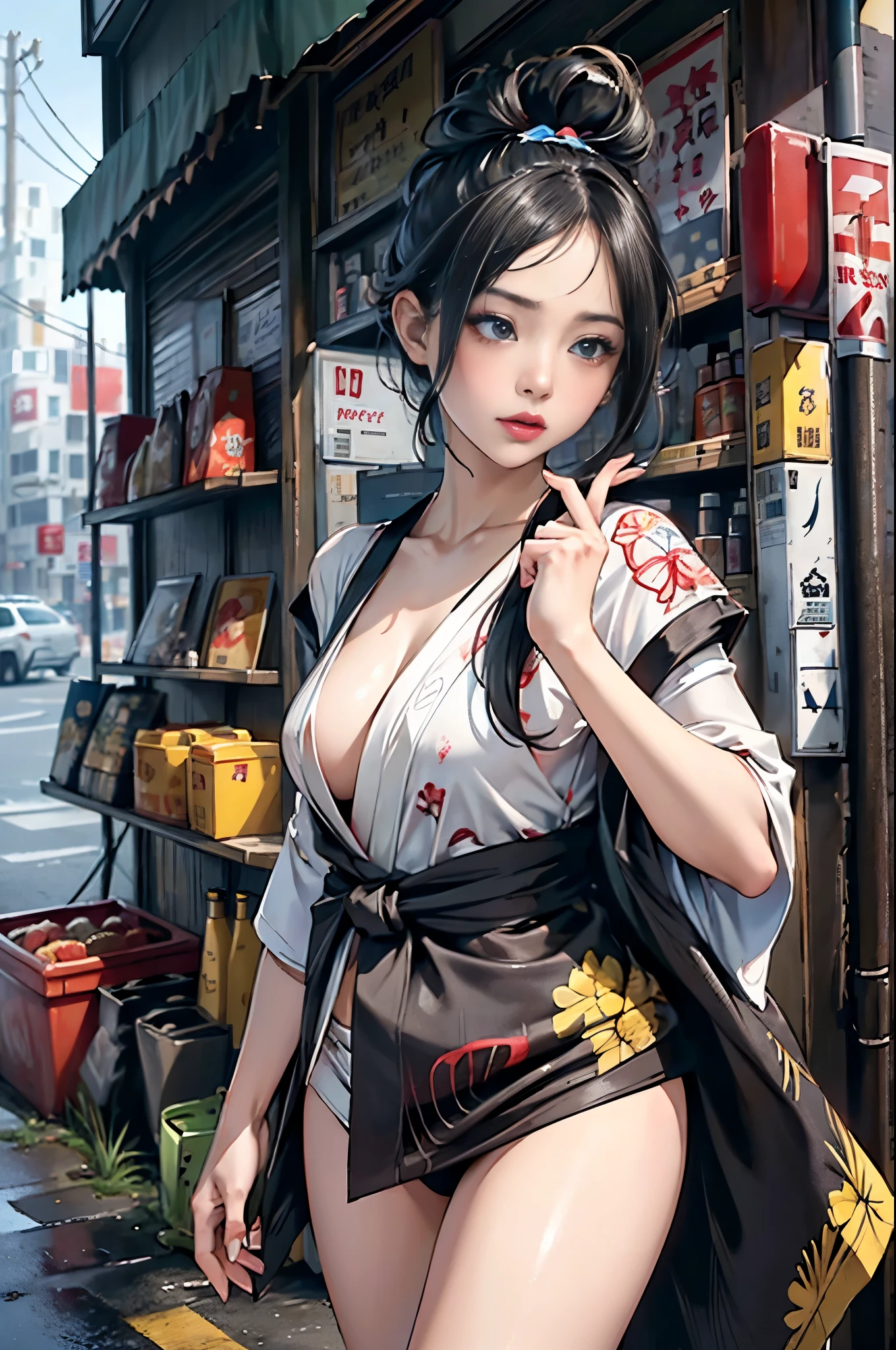 ((Extremely detailed CG unit 8k wallpaper, masterpiece, A high resolution, quality,)), ((one very beautiful woman, of expressions, lush lips, pose like model:1.5, upper part of body, Japanese style short outer box, Japanese design super lost short sleeves,Japanese patterned robe)), (disheveled black hair, White-skinned, small), ((corner store,the night,Bright street )), Ink painting, hyper realisitc, digitial painting, concept-art,mix4