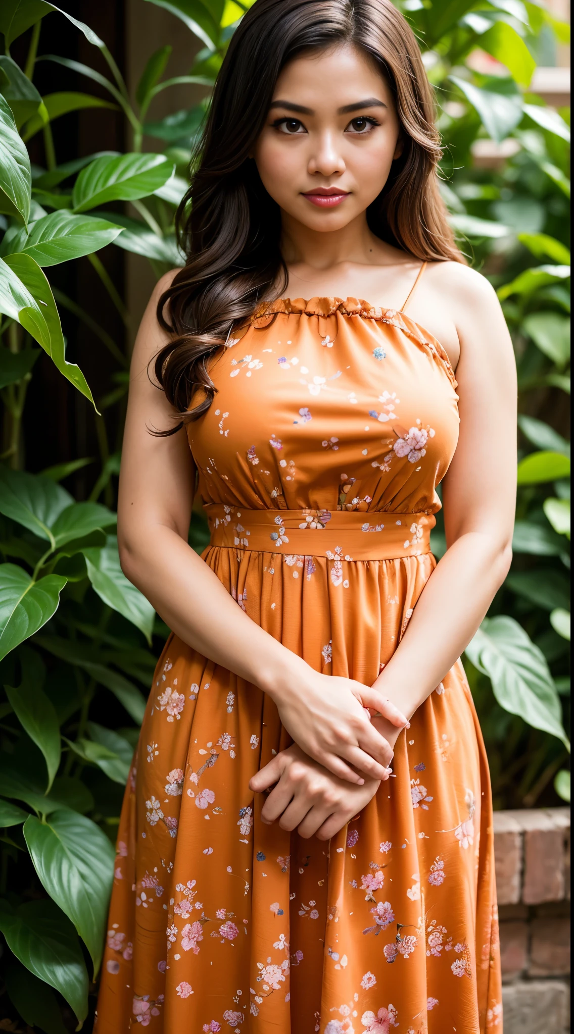( Close Up),RAW, Best quality, high resolution, masterpiece: 1.3), beautiful Malay woman in , Masterpiece, perfect body, Big breasts, thick thighs, long hair, brown hair, beautiful big eyes, mole under the eyes, long eyelashes, big eyes, beutifull face, perfect hand, Soft smile, woman in an orange floral dress (( daster)),( frilled dress:1.1) ,standing on a brick wall, frock, malay women's fashion model, flowery dress, flowing dress, malay dress, wearing a long flowery dress, floral, stylish dress, floral art novuea dress,,long dress female, orange and brown leaves for hair, dress, ,Great lighting, Bright colors, Clean lines