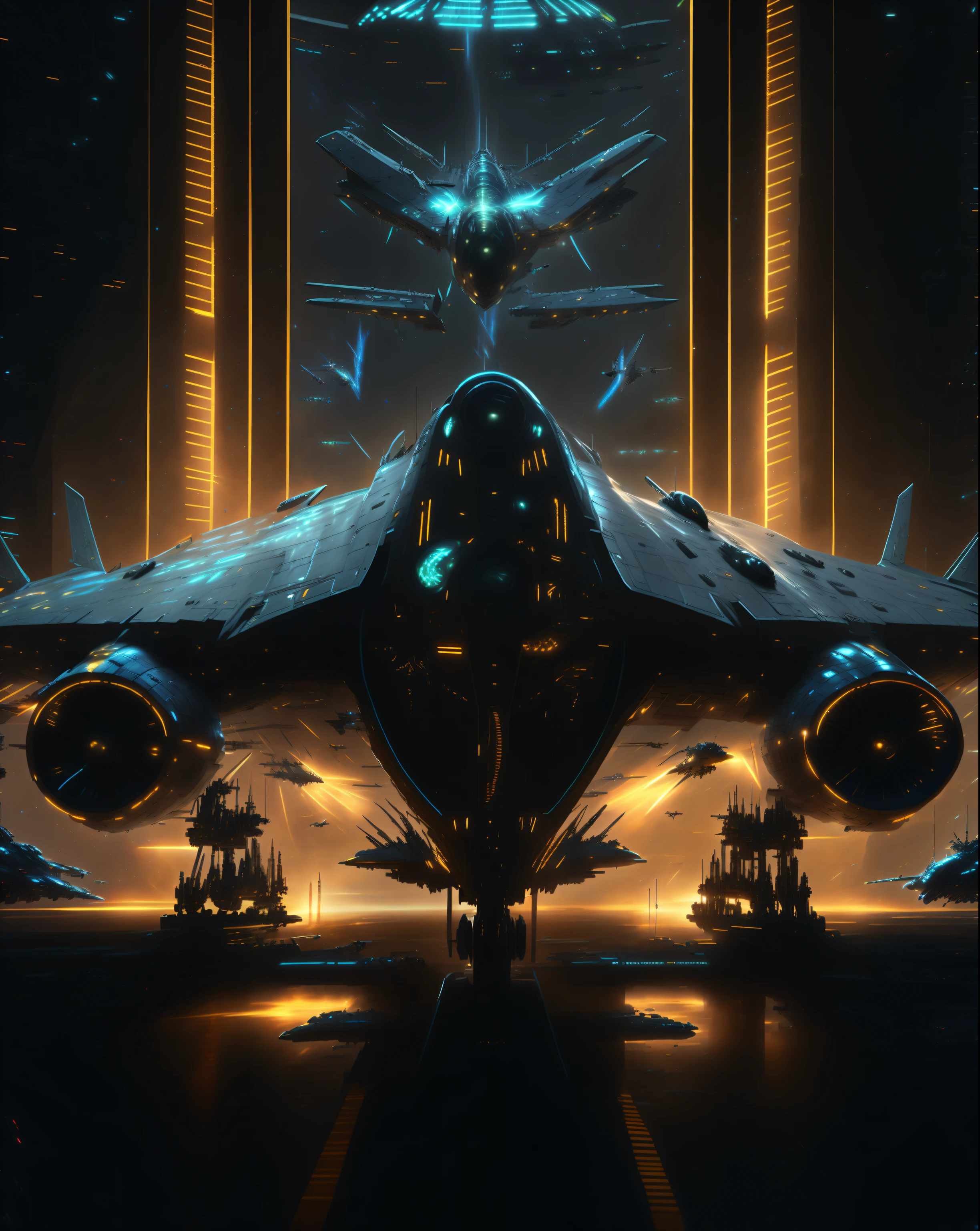 a close up of a fighter jet in a hangar with lights, an epic space ship scene, star citizen digital art, star citizen concept art, 8 k high detail concept art, spaceship hangar, futuristic spaceship, futuristic starship, spaceship being repaired, cyberpunk concept inspired jet, cinematic scifi shot, arstation and beeple highly, cinematic front shot, detailed cinematic shot