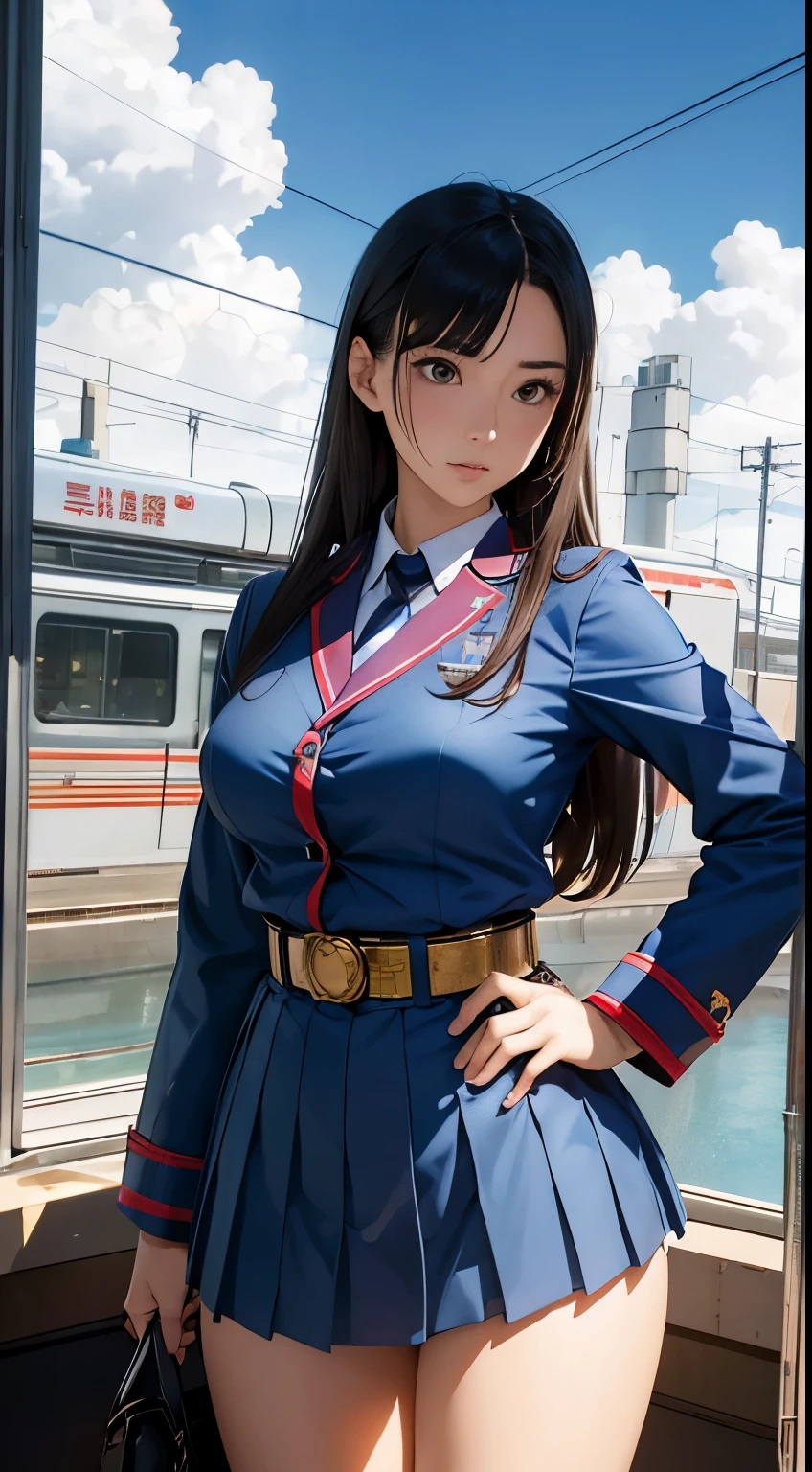 Takeo Takei, Joe Jusko, Surreal, mysterious, strange, fantastical, fantasy, Sci-fi, Japanese anime, beautiful high school girl in a miniskirt who gets lost in a huge diorama, perfect voluminous body, SL train model, robot model, departure on the SL, blue sky, clouds, detailed masterpiece