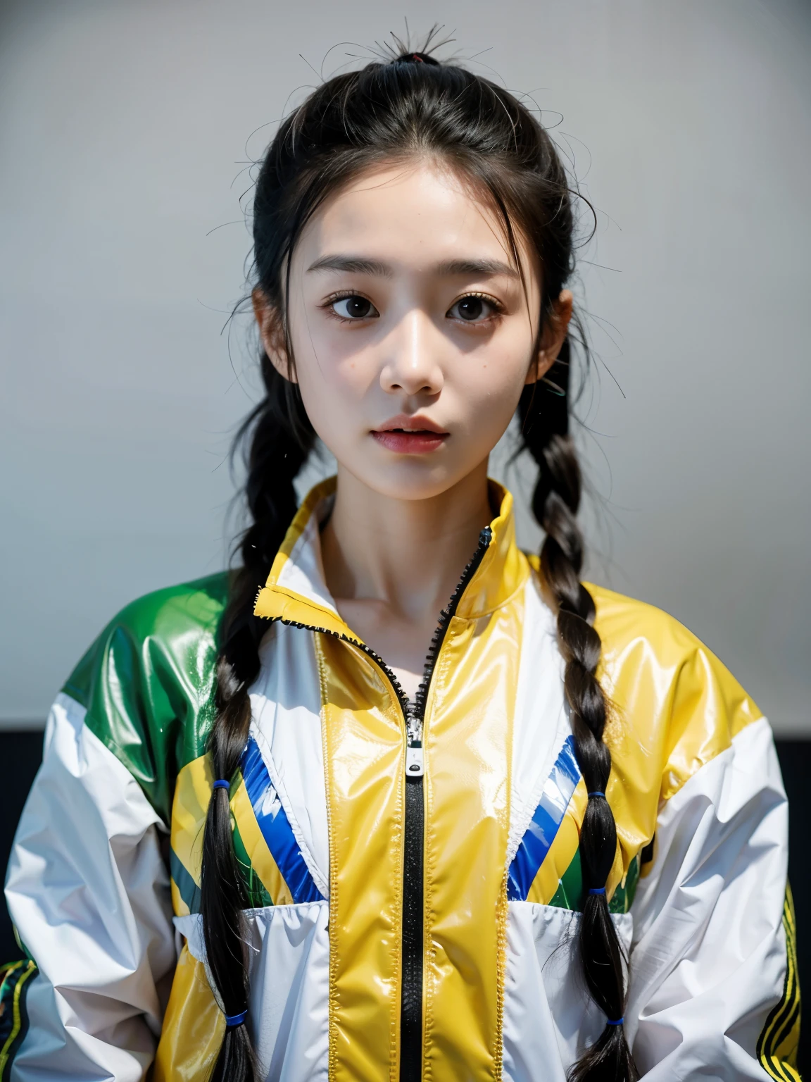 Chinese female high school student，double-ponytail，Colorful sportswear made of pvc material，looking to the camera，Gray black solid background