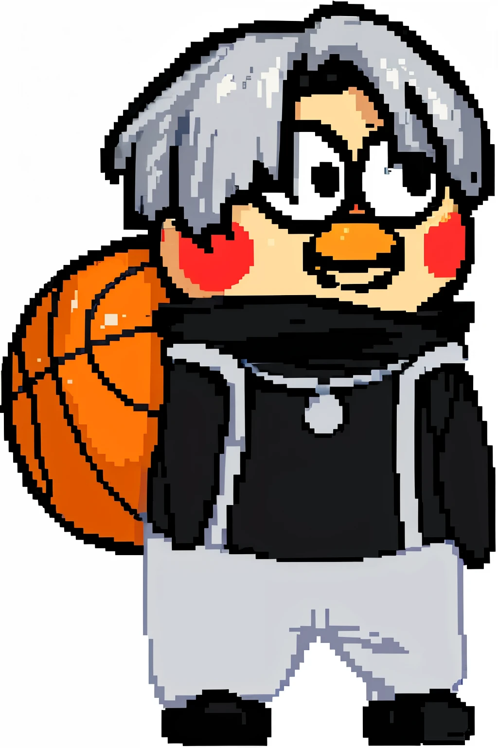 a cartoon penguin with a basketball ball ball and a black and white outfit, dribble contest winner, Inspired by Andreescu, Matt Groening style, sports mascot, full body mascot, sports team mascot, basketball ball, south park style, He was dressed in black, he has dark grey hairs, inspired by Akihiko Yoshida, wearing basketball ball jersey