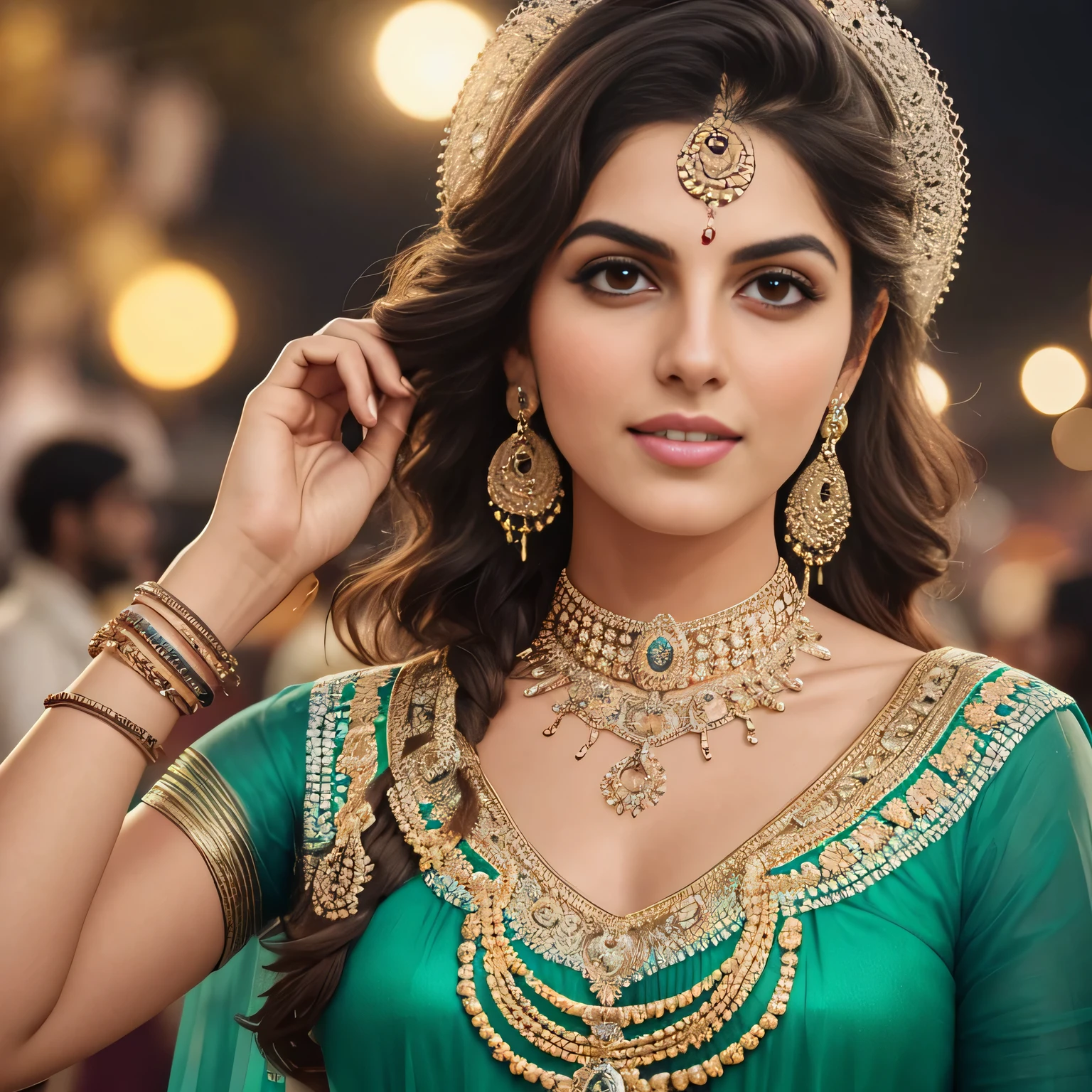 Rhea Chakraborty como uma bela jovem donzela, at a indian festival, night time, 8k, light on model, happening environment, staring in the camera, seios grandes, cabelo comprido amarrado em um coque, wearing strapless bra, usando maquiagem pesada, long eye lashes, bindi, brincos longos, colar, arm bands, pulseiras, anel nasal e corrente da cintura, mascara on the eyes, roupas molhadas, olhar preocupado, instagram, pinterest